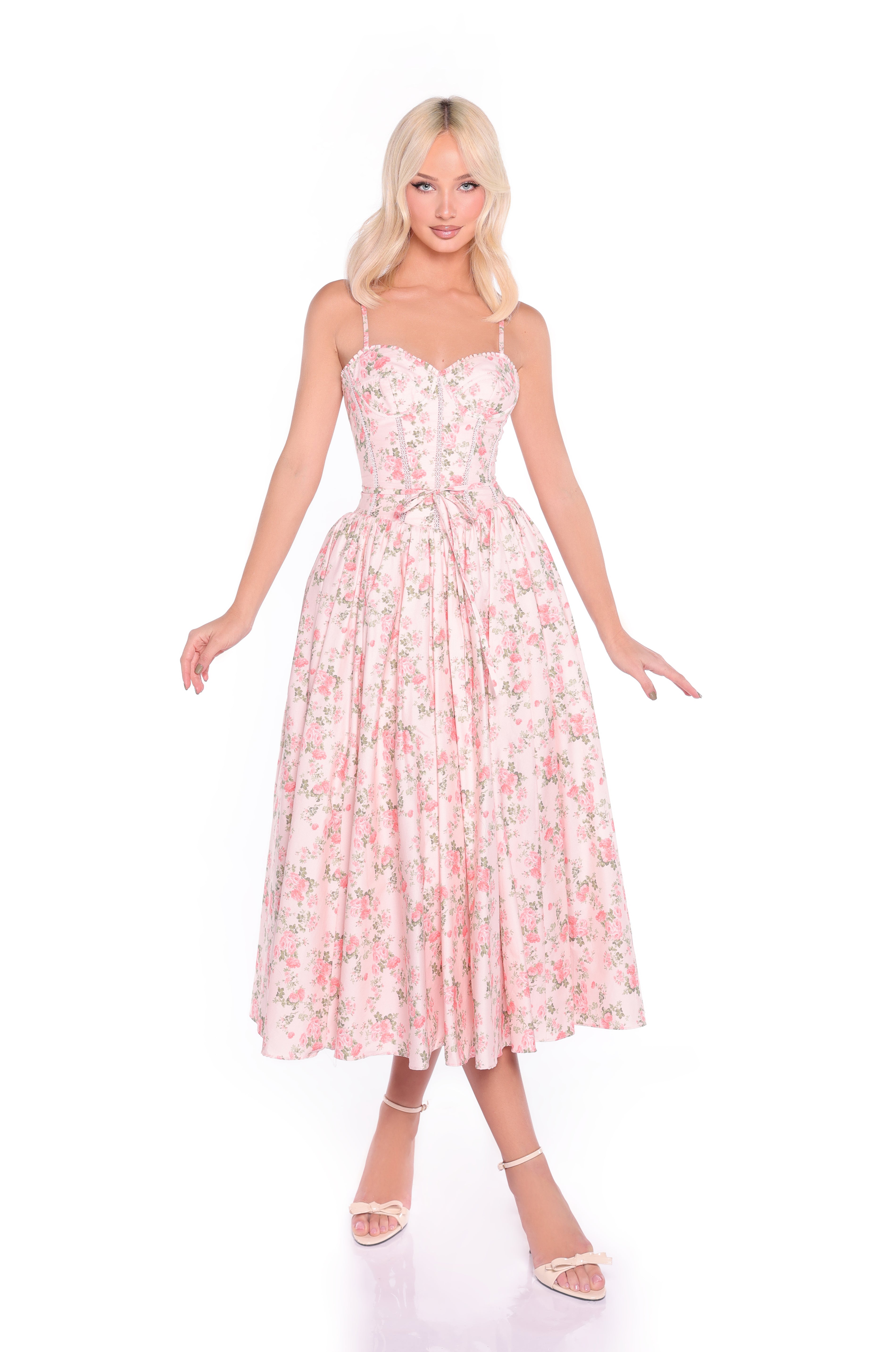 ALOURA Peach Rose Floral Print Midi Dress