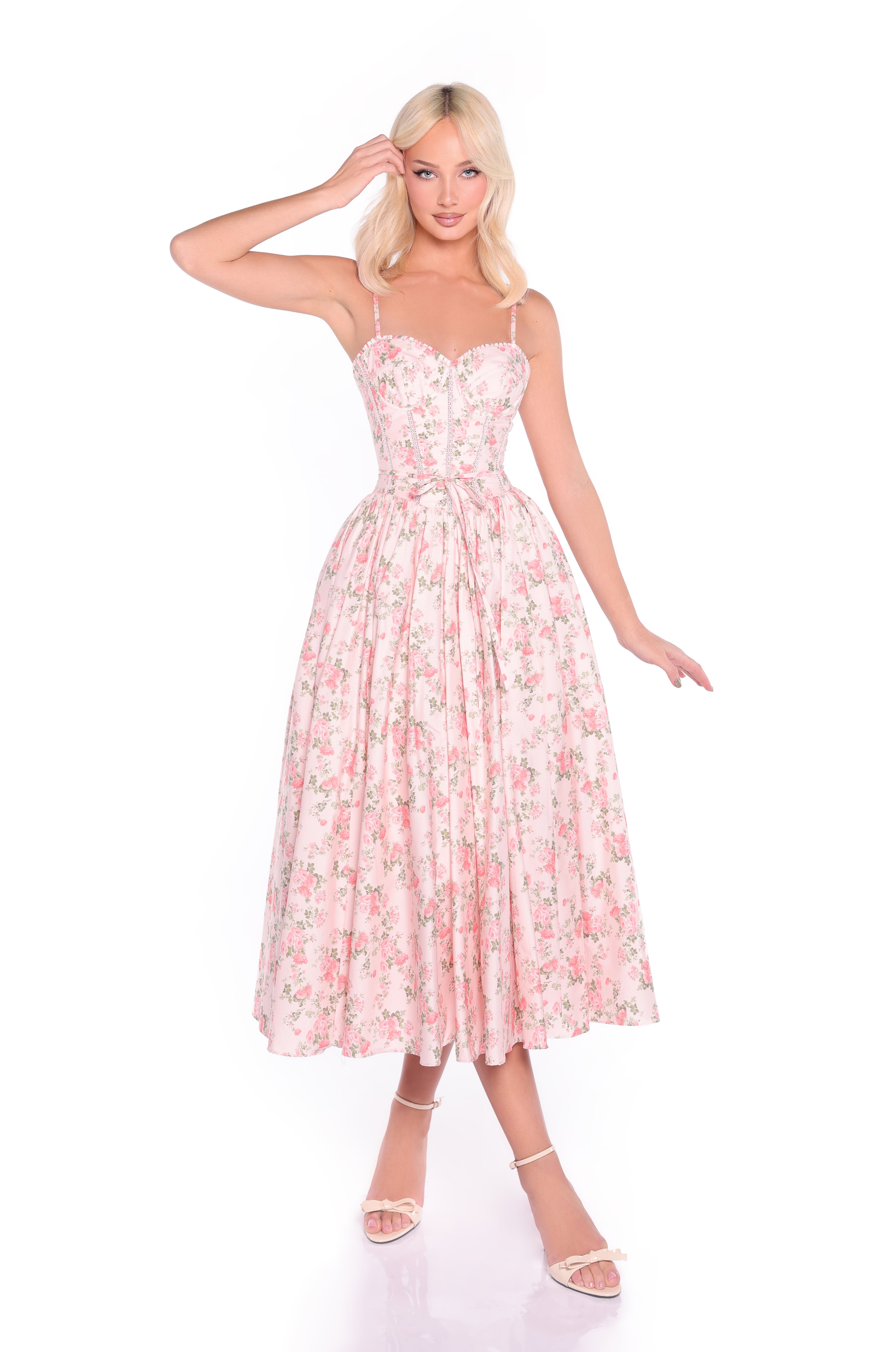 ALOURA Peach Rose Floral Print Midi Dress
