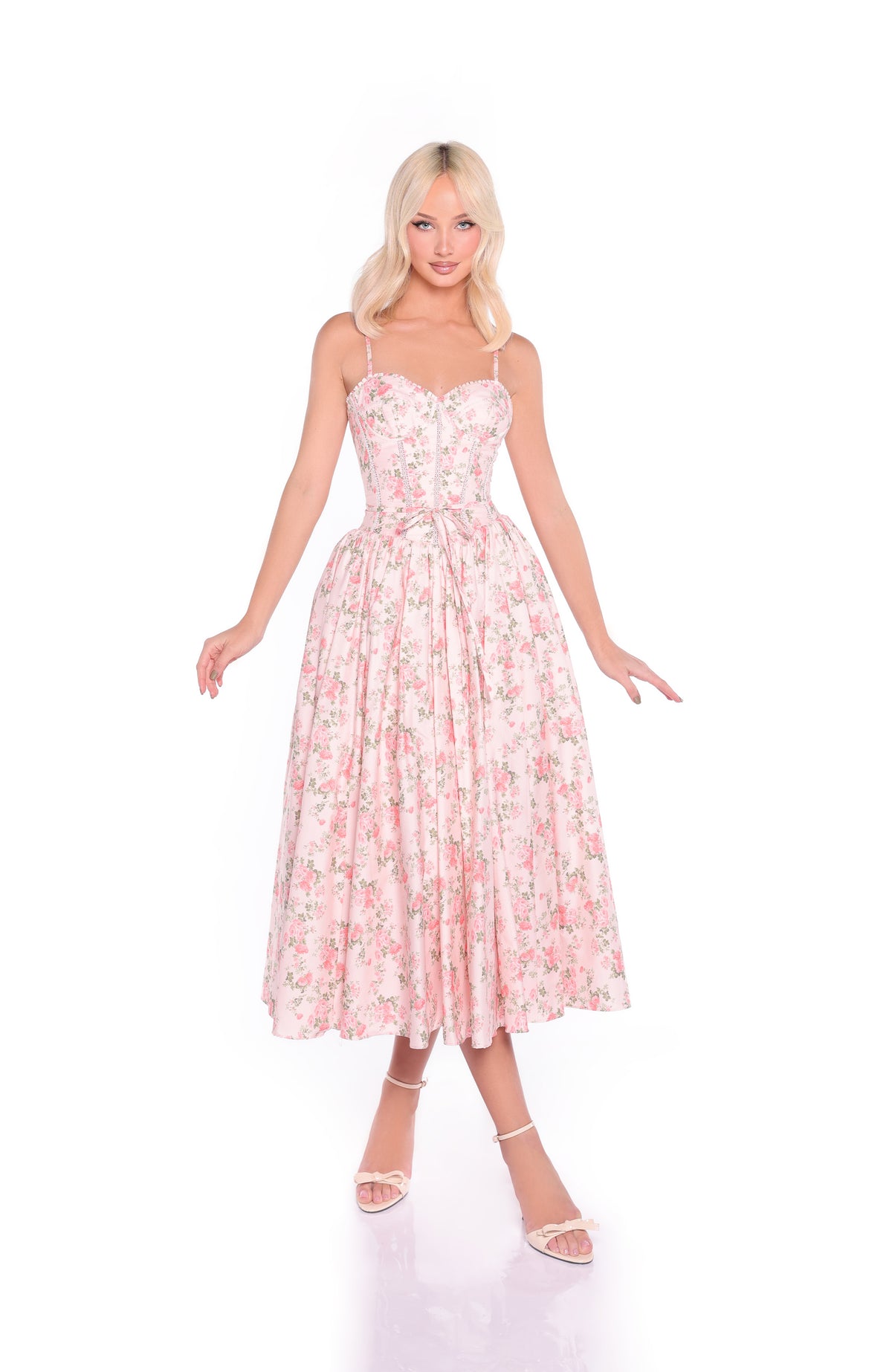ALOURA Peach Rose Floral Print Midi Dress