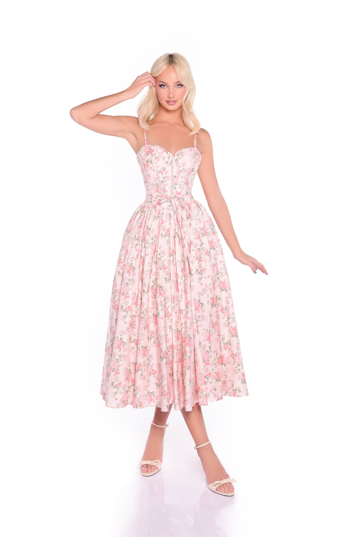 ALOURA Peach Rose Floral Print Midi Dress