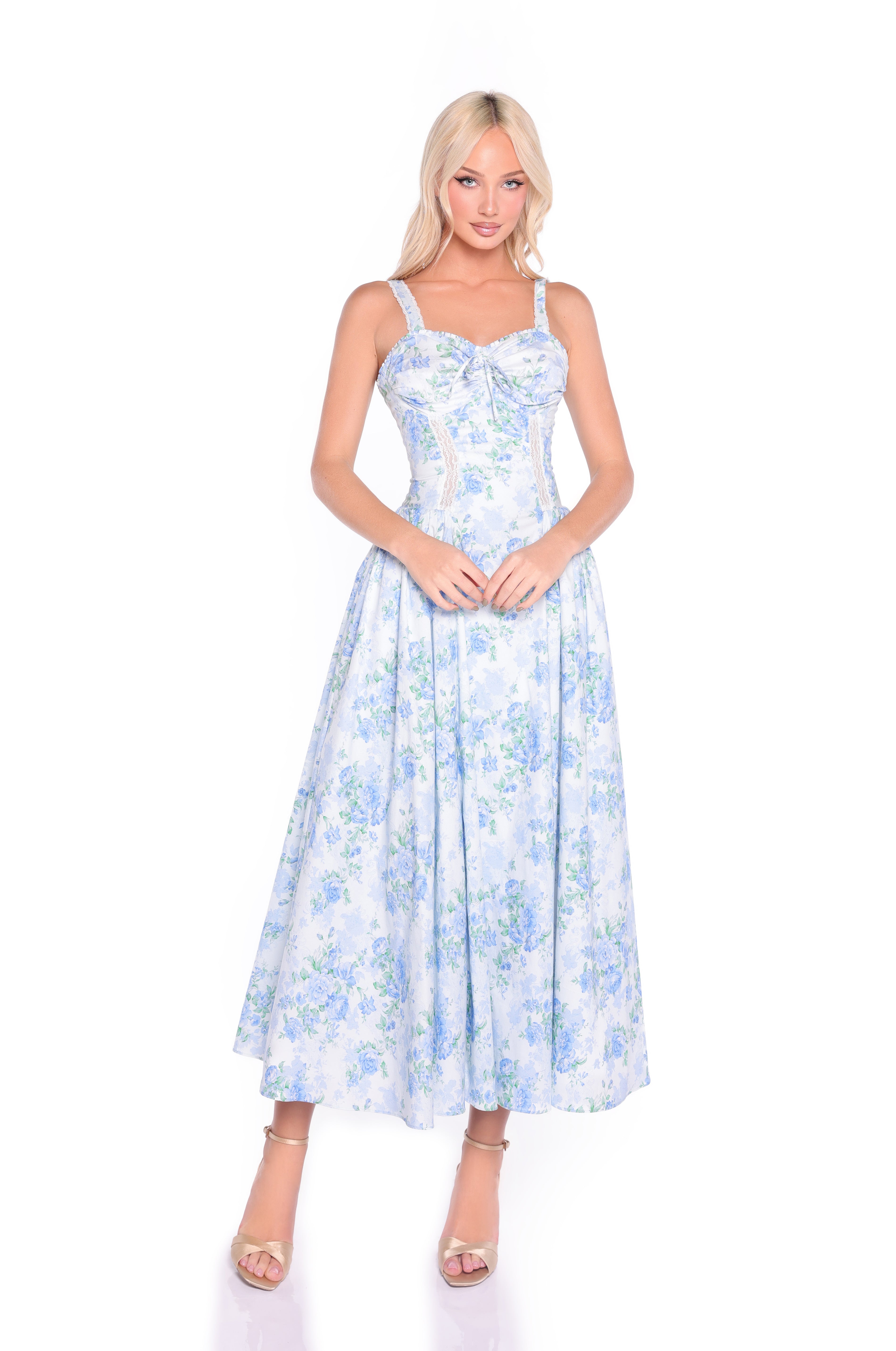 ANSELMA Blue Floral Print Midi Dress