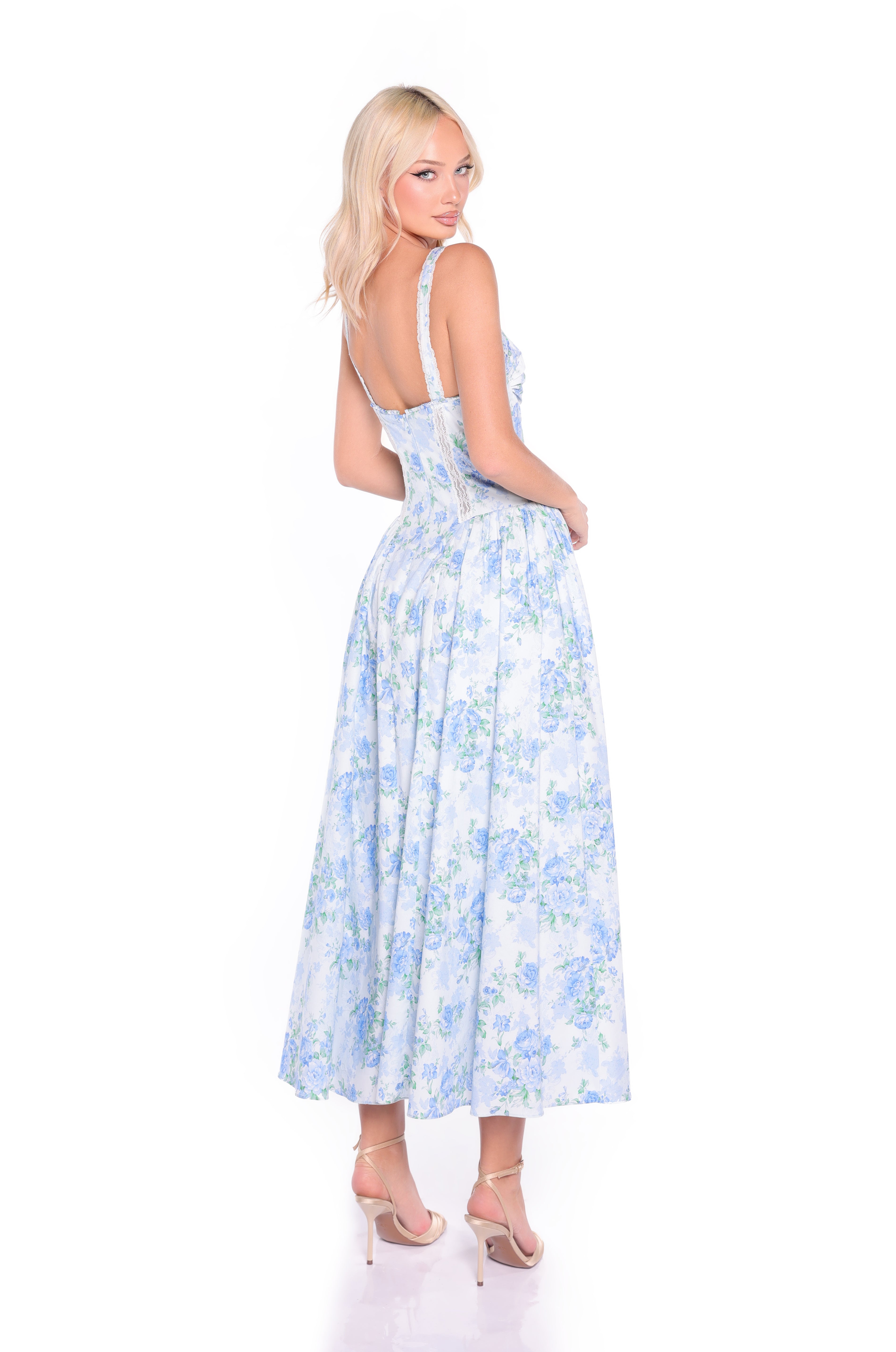 ANSELMA Blue Floral Print Midi Dress
