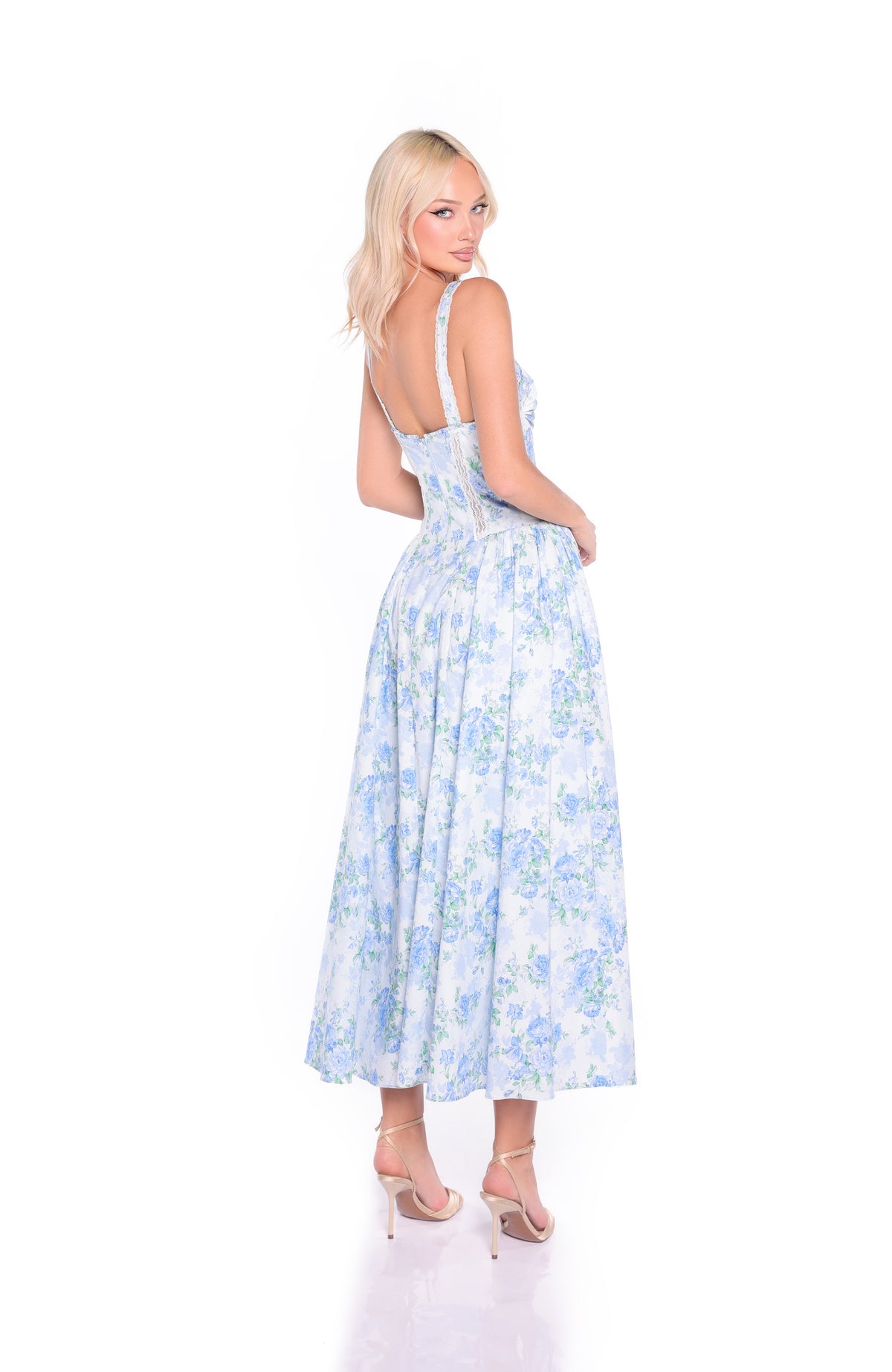 ANSELMA Blue Floral Print Midi Dress