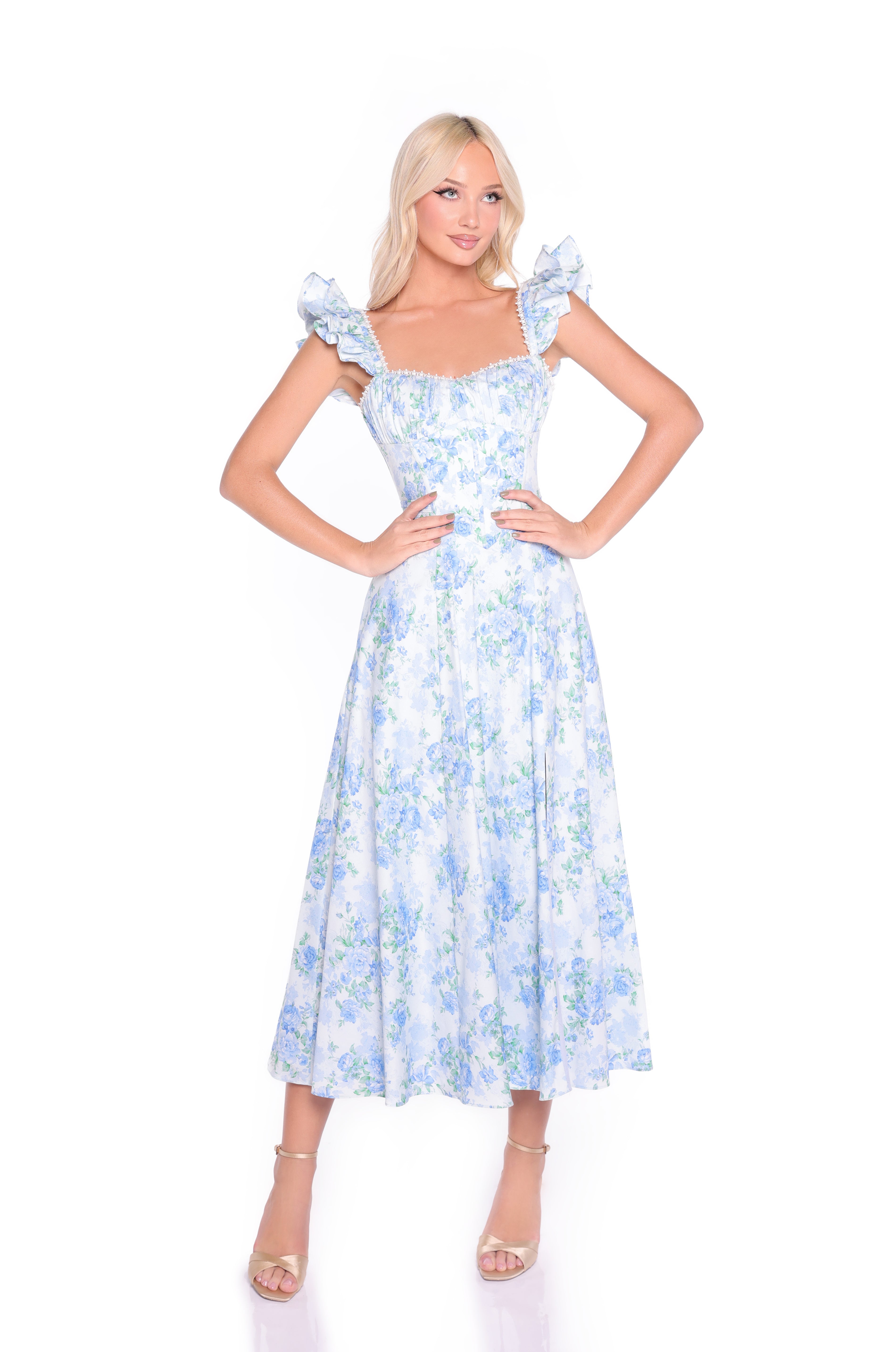 CARMEN Blue Floral Midi Dress