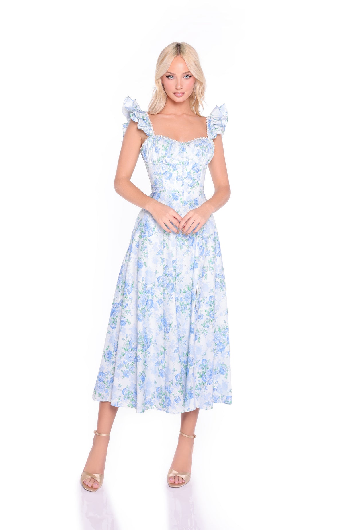 CARMEN Blue Floral Midi Dress