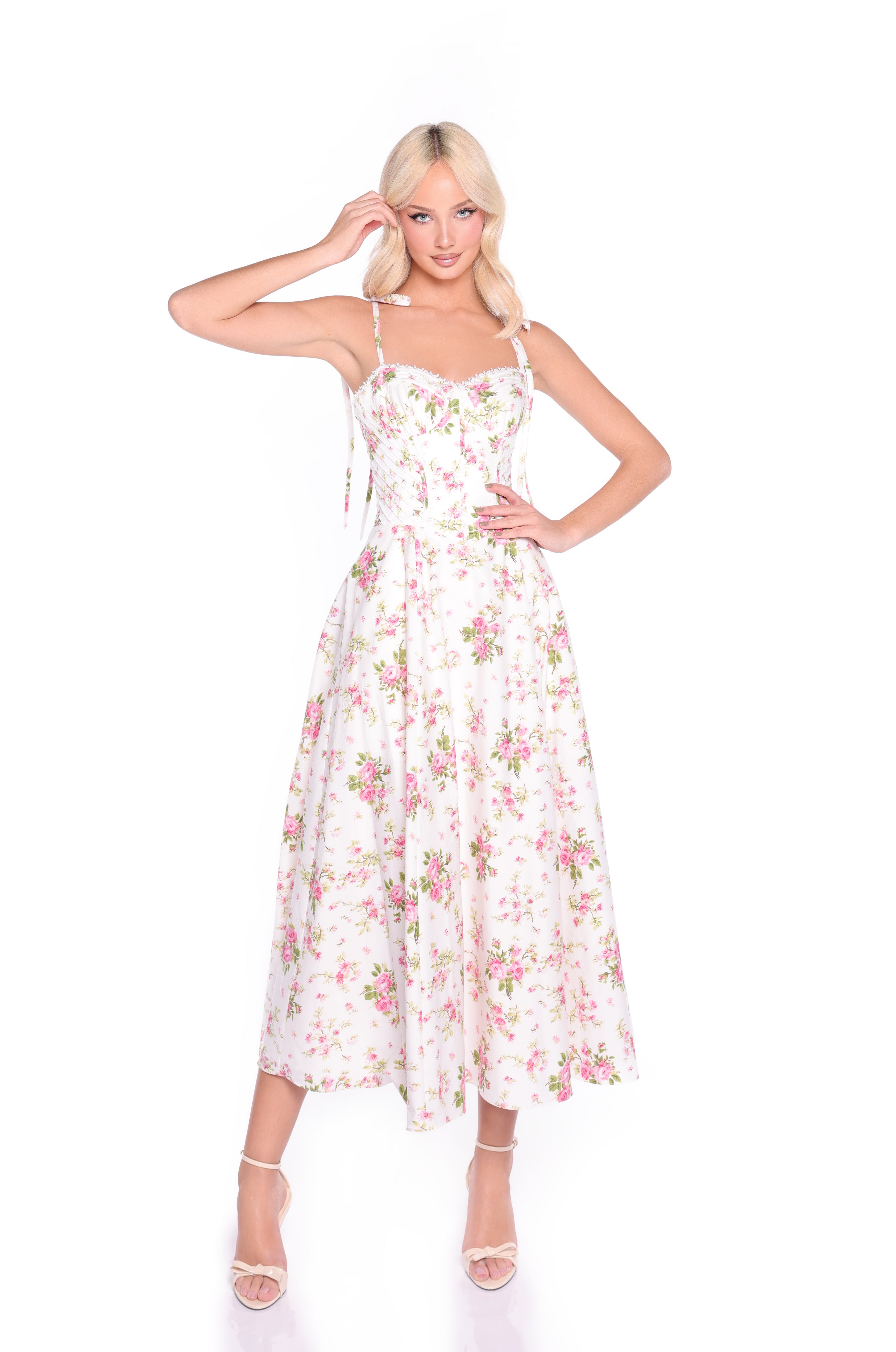 CECILIA Ivory Blush Floral Midi Dress