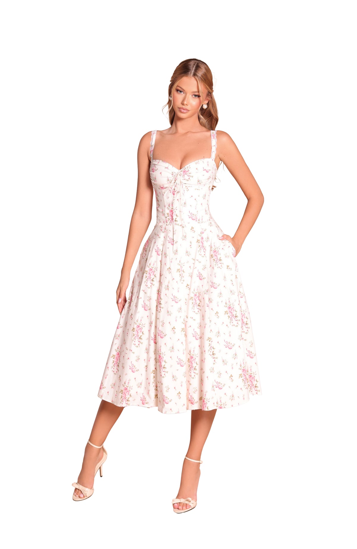 CELENIA Floral Corset Midi Dress in Ivory White