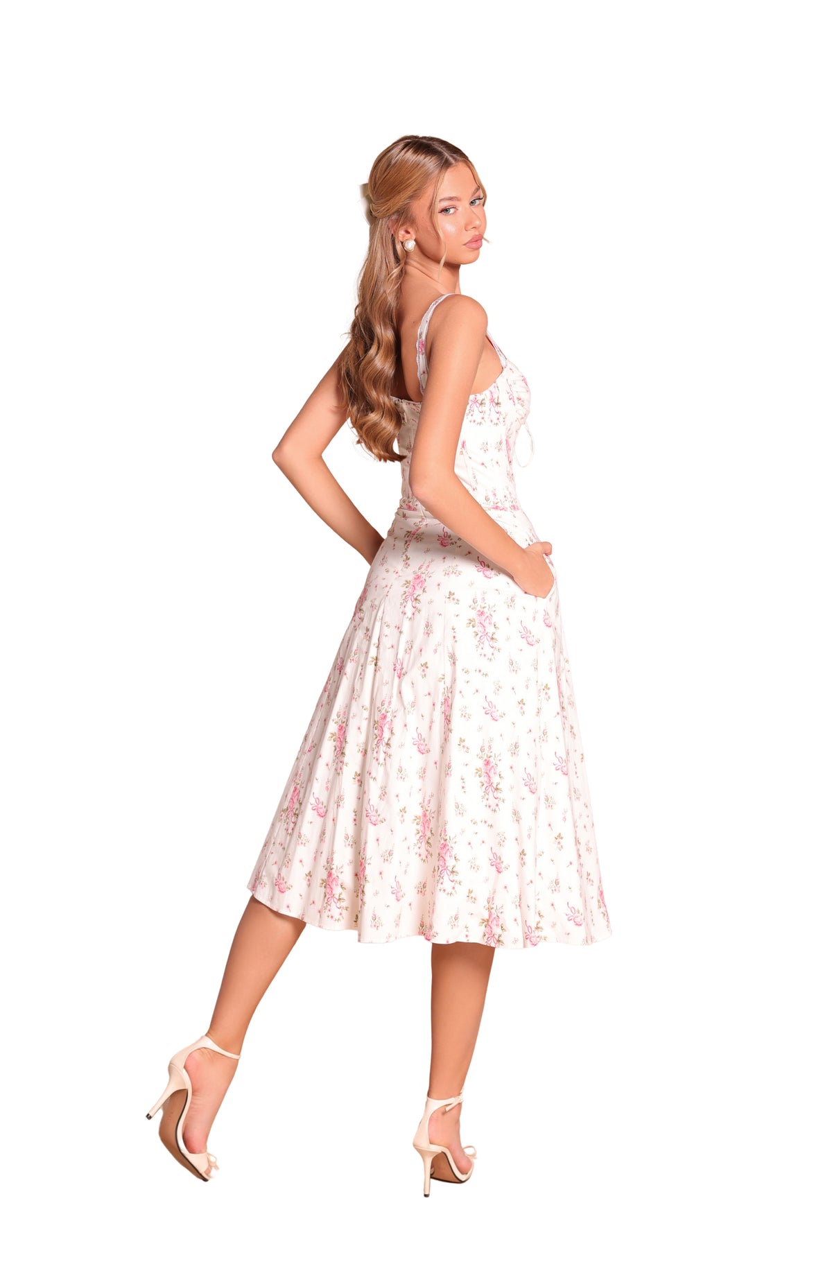 CELENIA Floral Corset Midi Dress in Ivory White