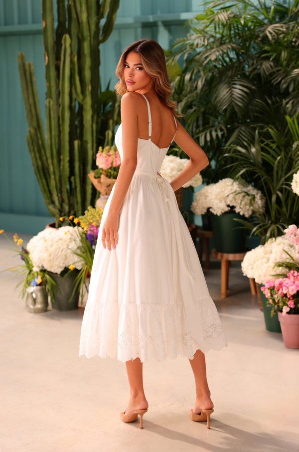 White Midi Dress With Lace-trimmed Sweetheart Neckline