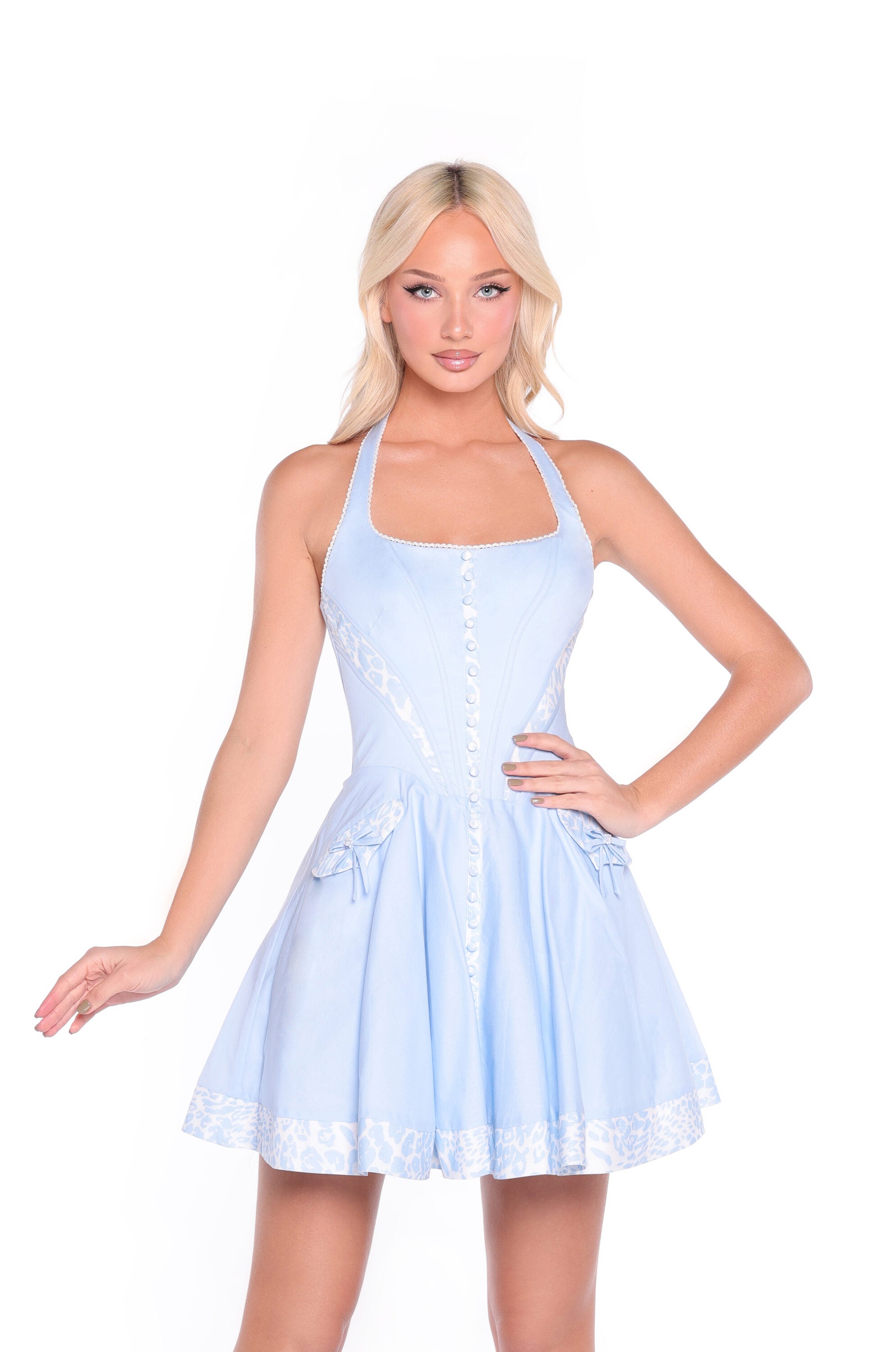 Powder Blue Print Halter Mini Dress - Cyra | Oh Pretty