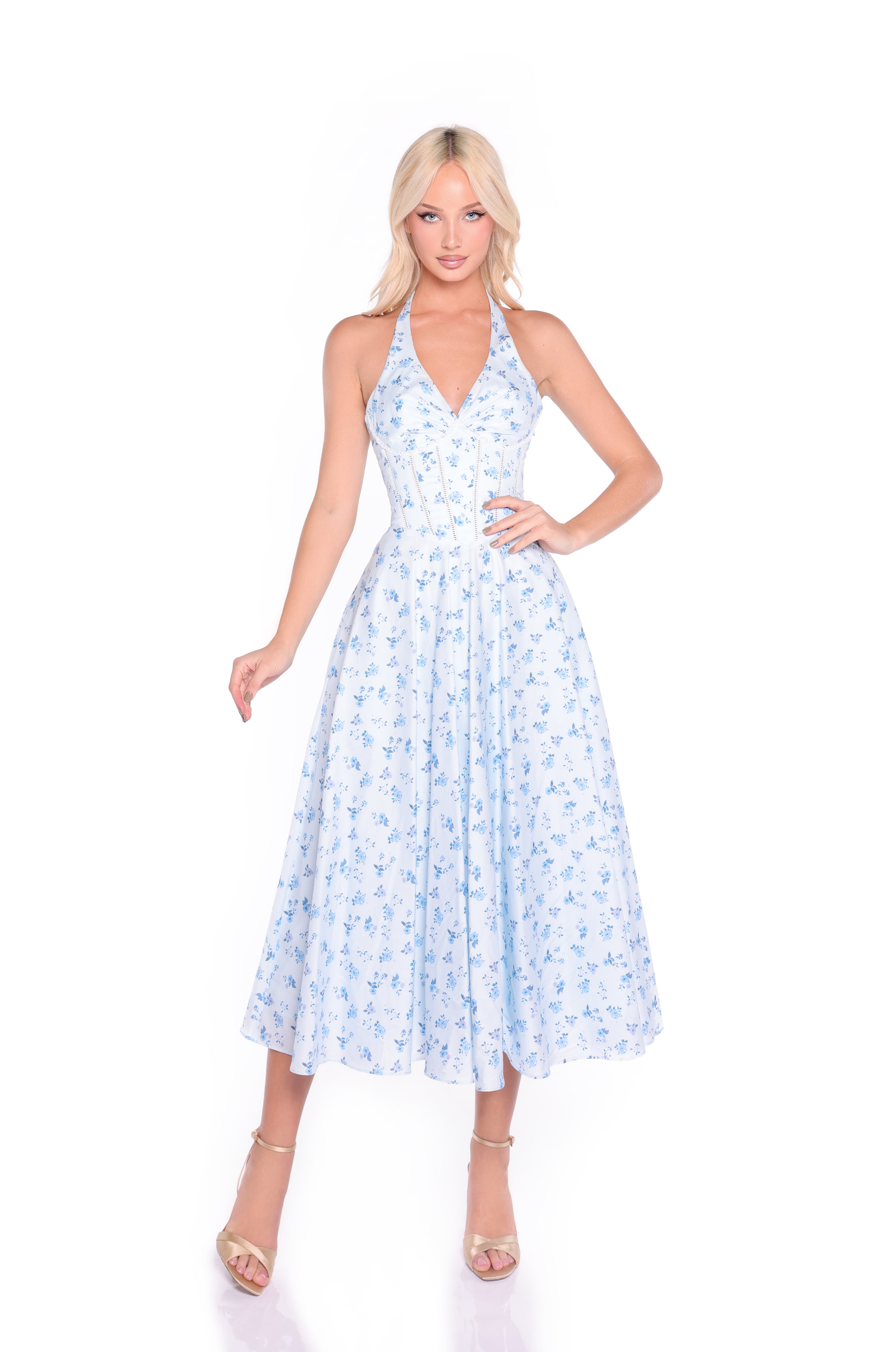 ELIZA Soft Blue Floral Midi Dress