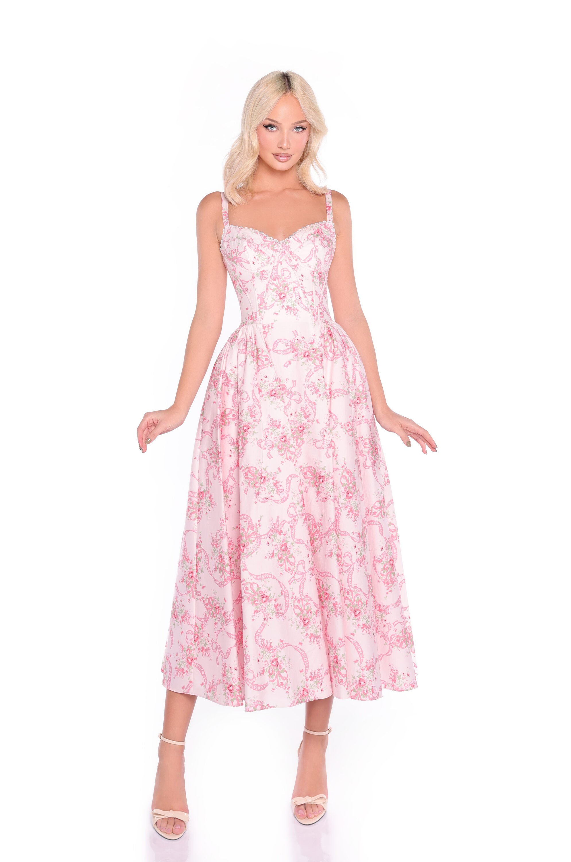 EMILIA Blush Ribbon Floral Print Midi Dress