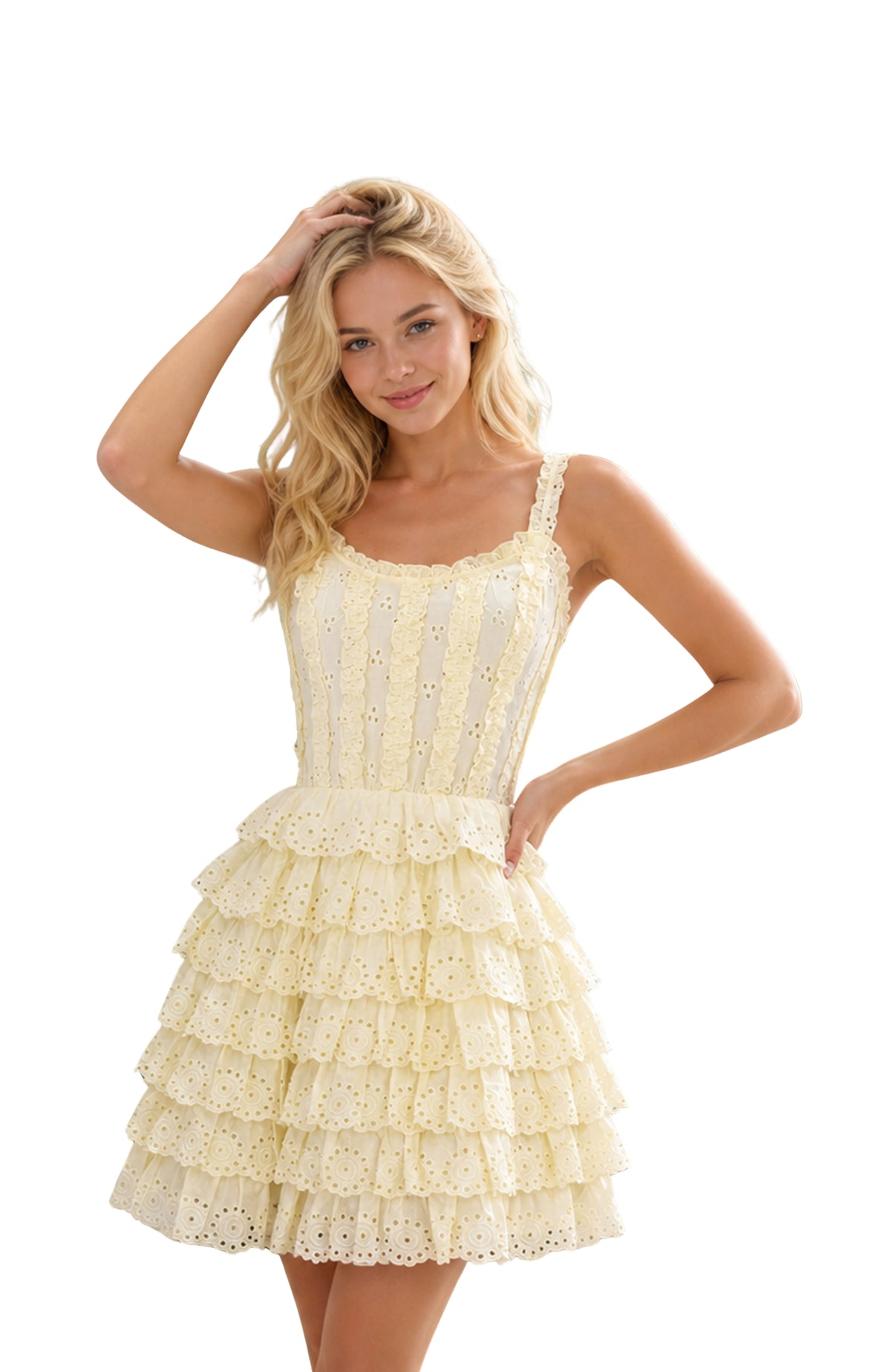 ISLA Eyelet Lace Ruffle Mini Dress in Yellow