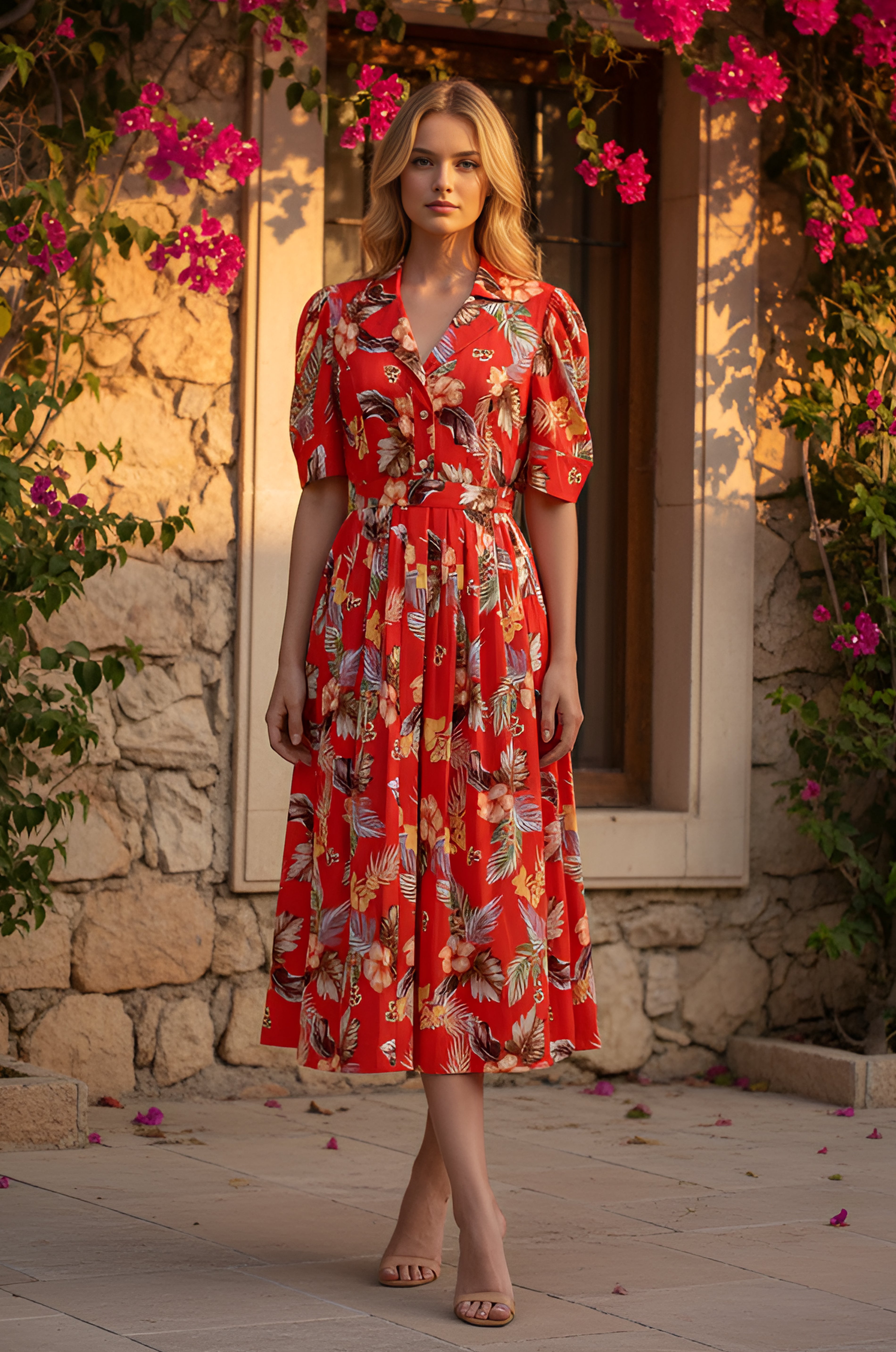 LILY Crimson Bloom Midi Dress