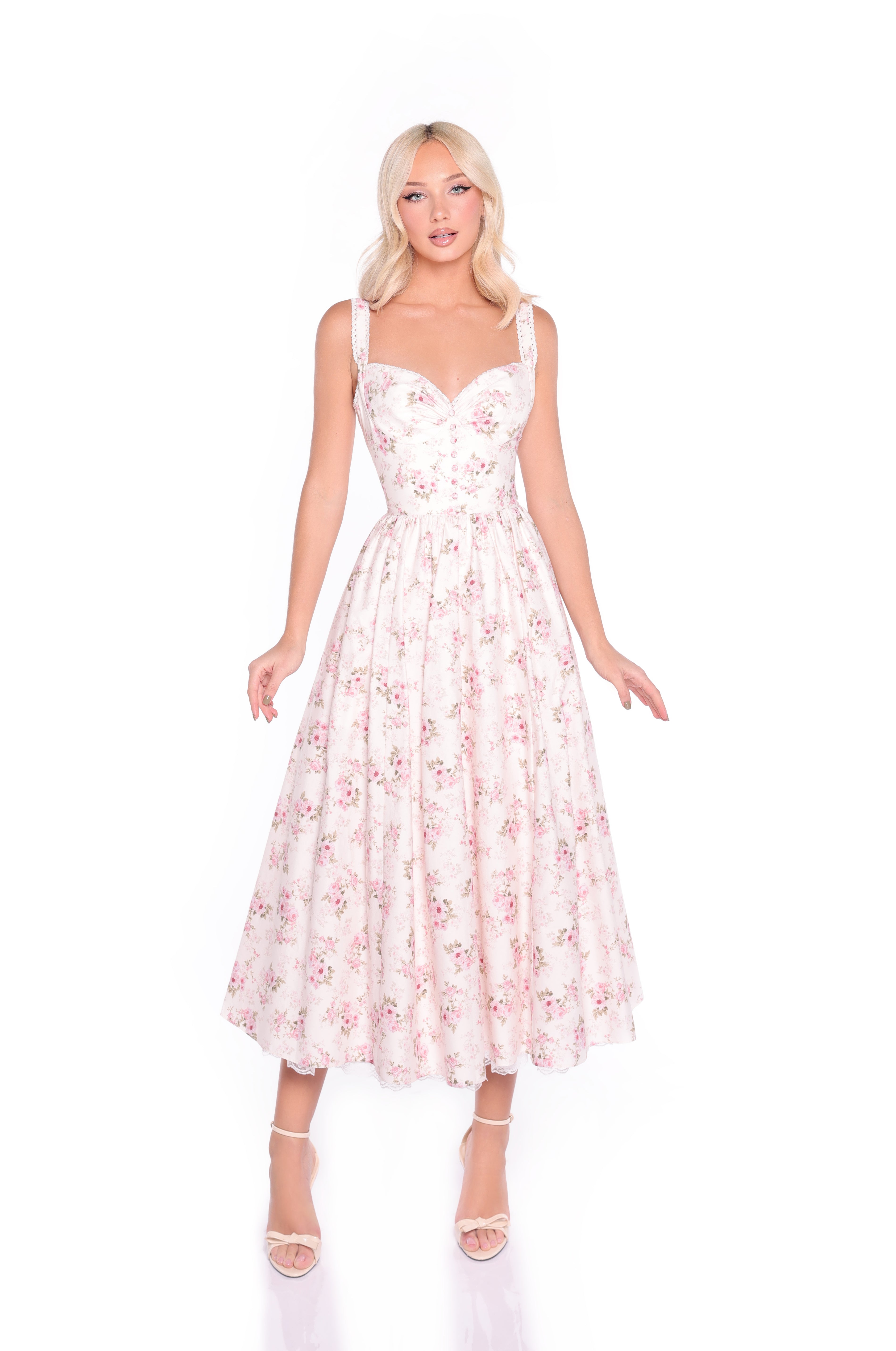 LIORA Cream Floral Print Midi Dress