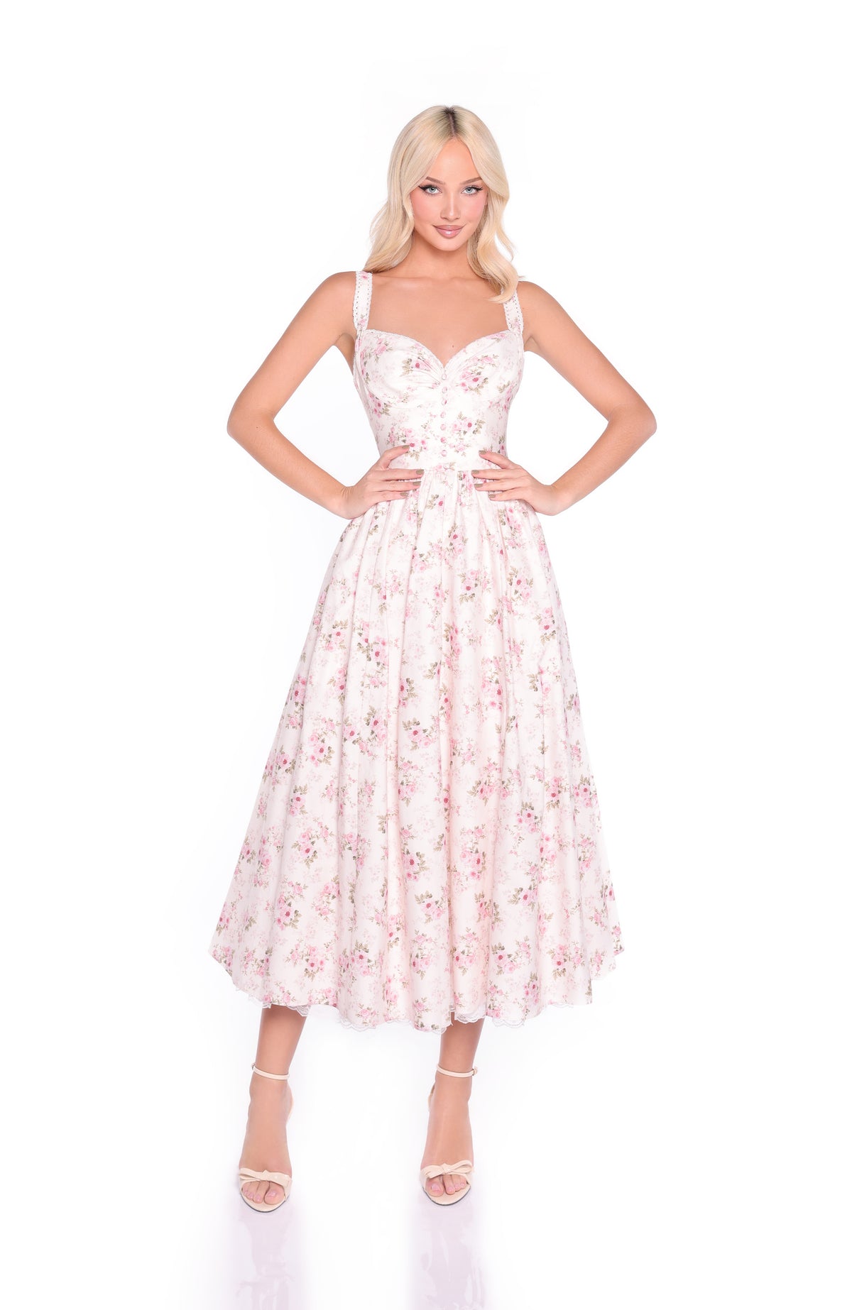LIORA Cream Floral Print Midi Dress