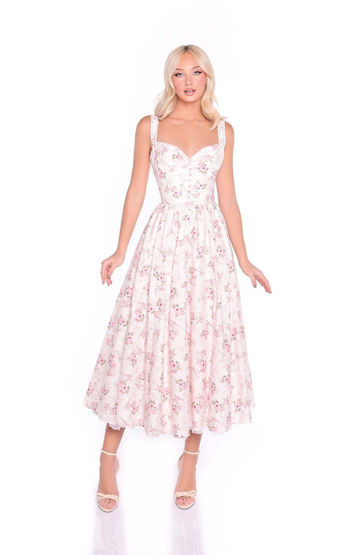 LIORA Cream Floral Print Midi Dress