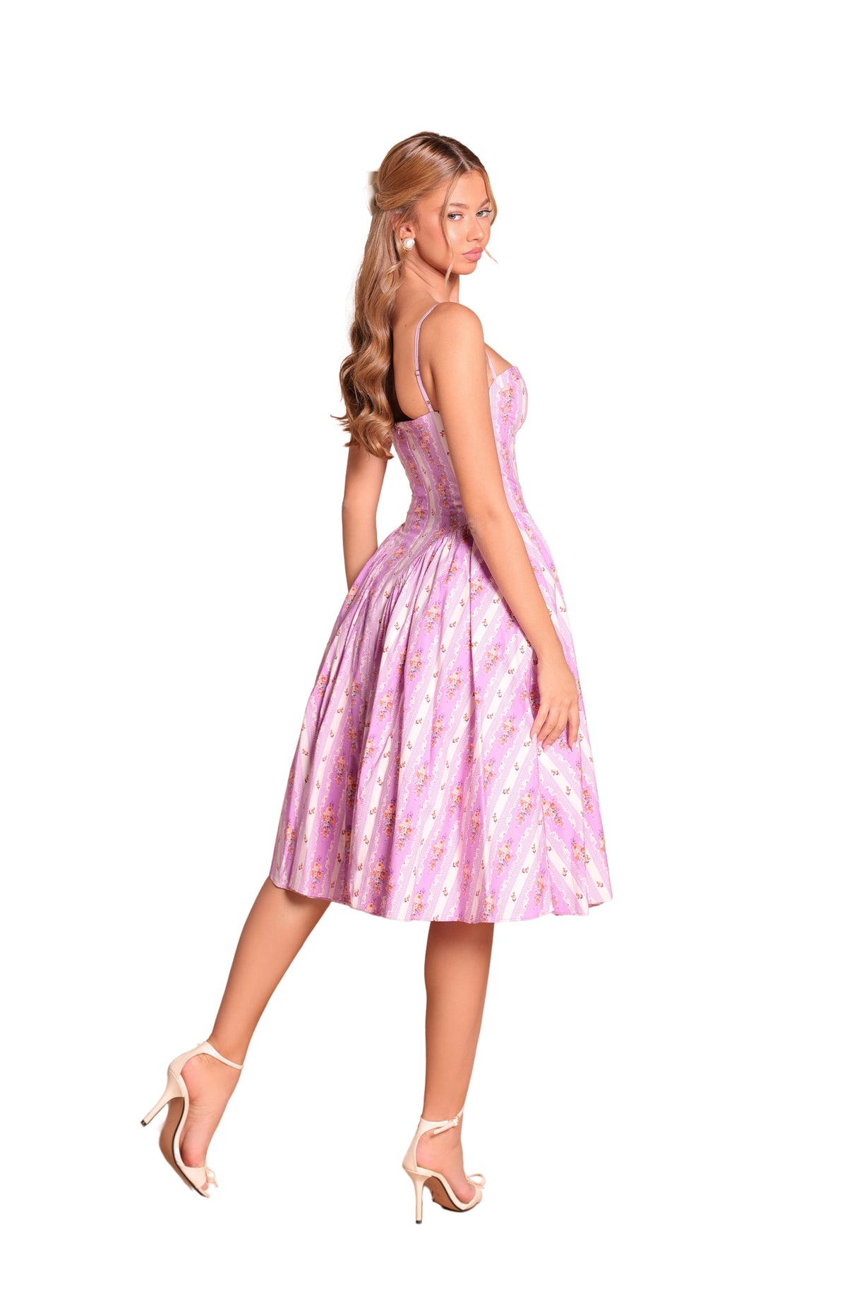 MEADOWA Floral Corset Midi Dress in Lilac Floral