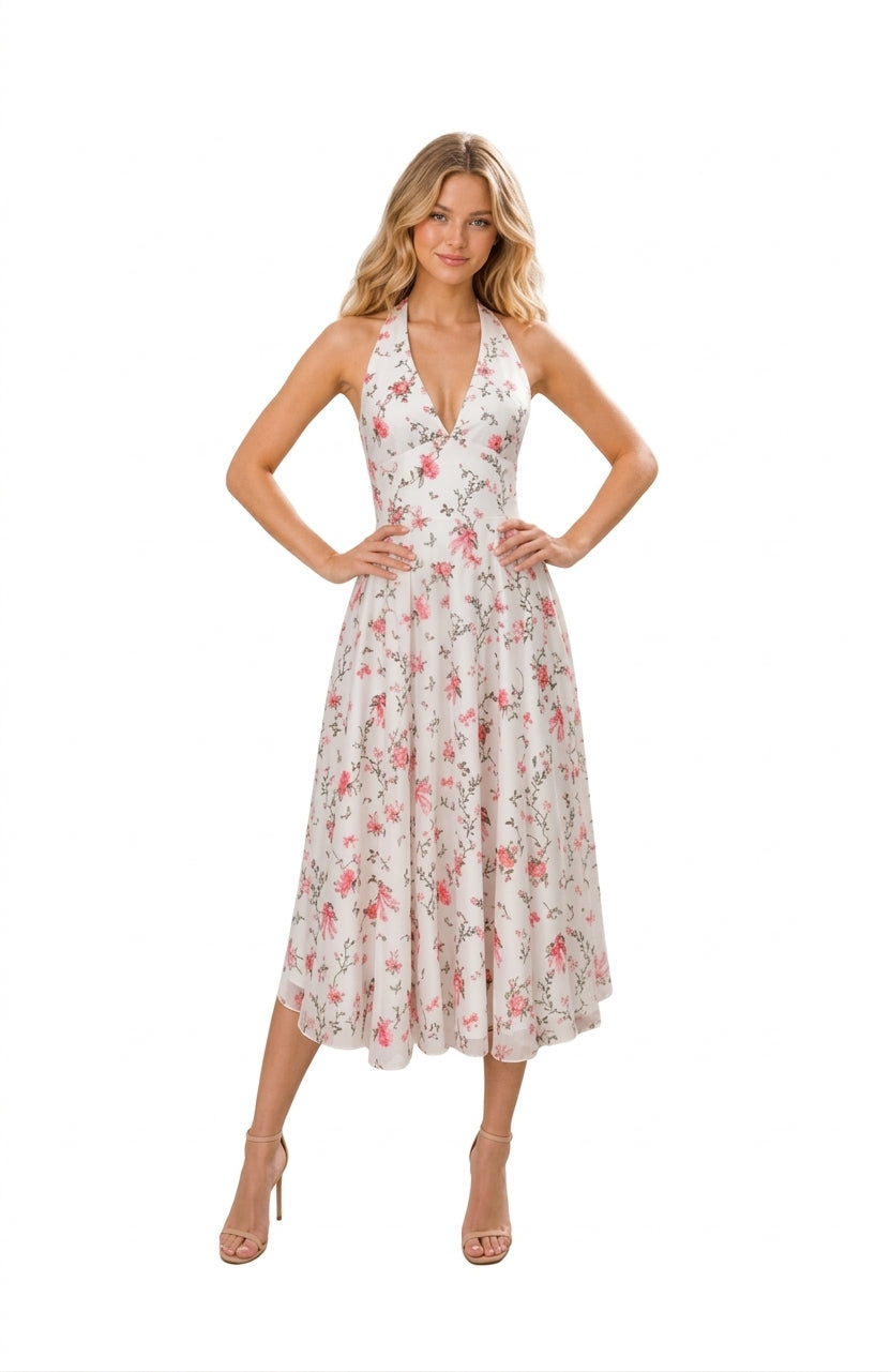 MILLIE Floral Halter Midi Dress in White