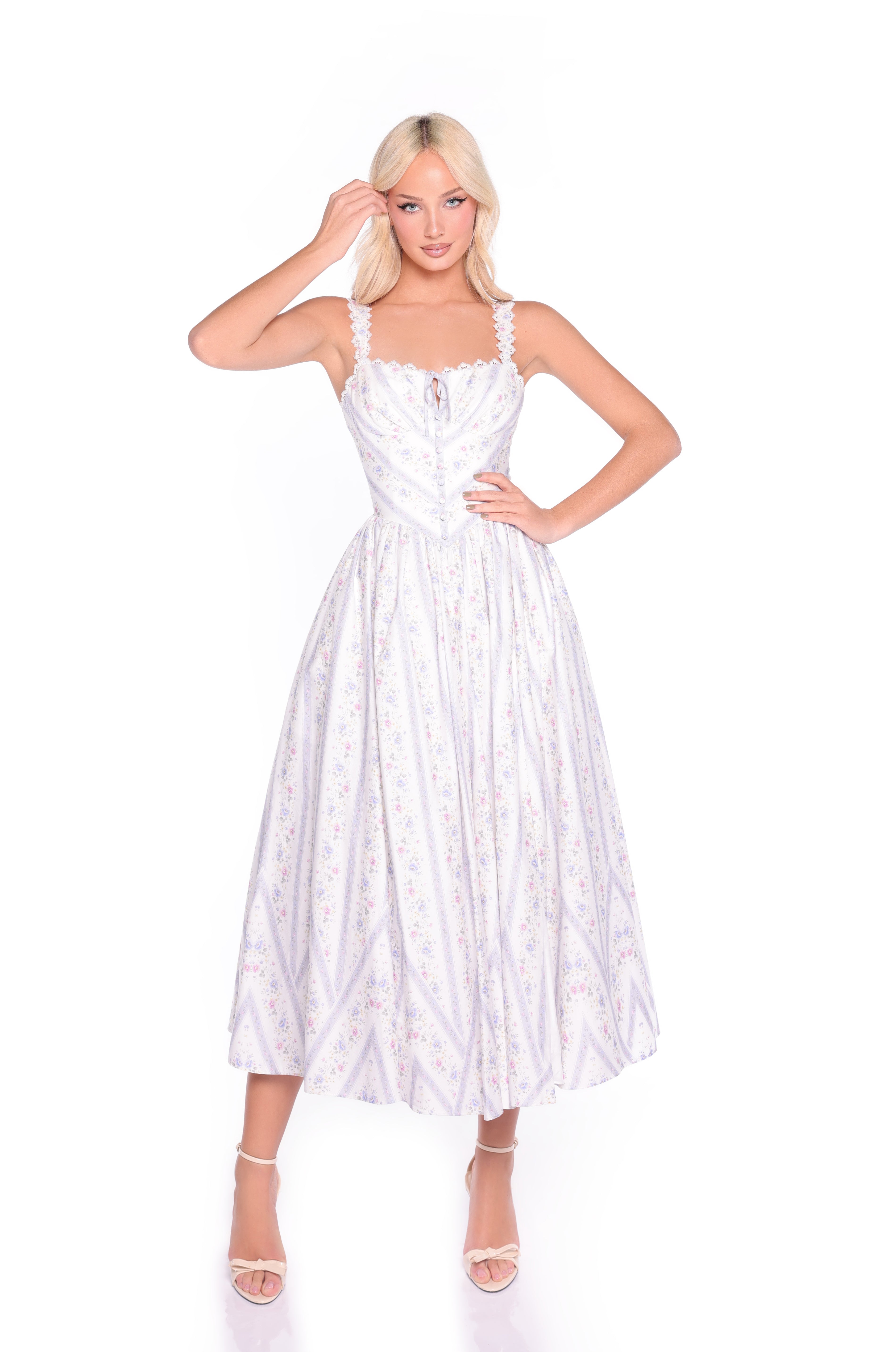 MIRELLE Lilac Striped Floral Midi Dress