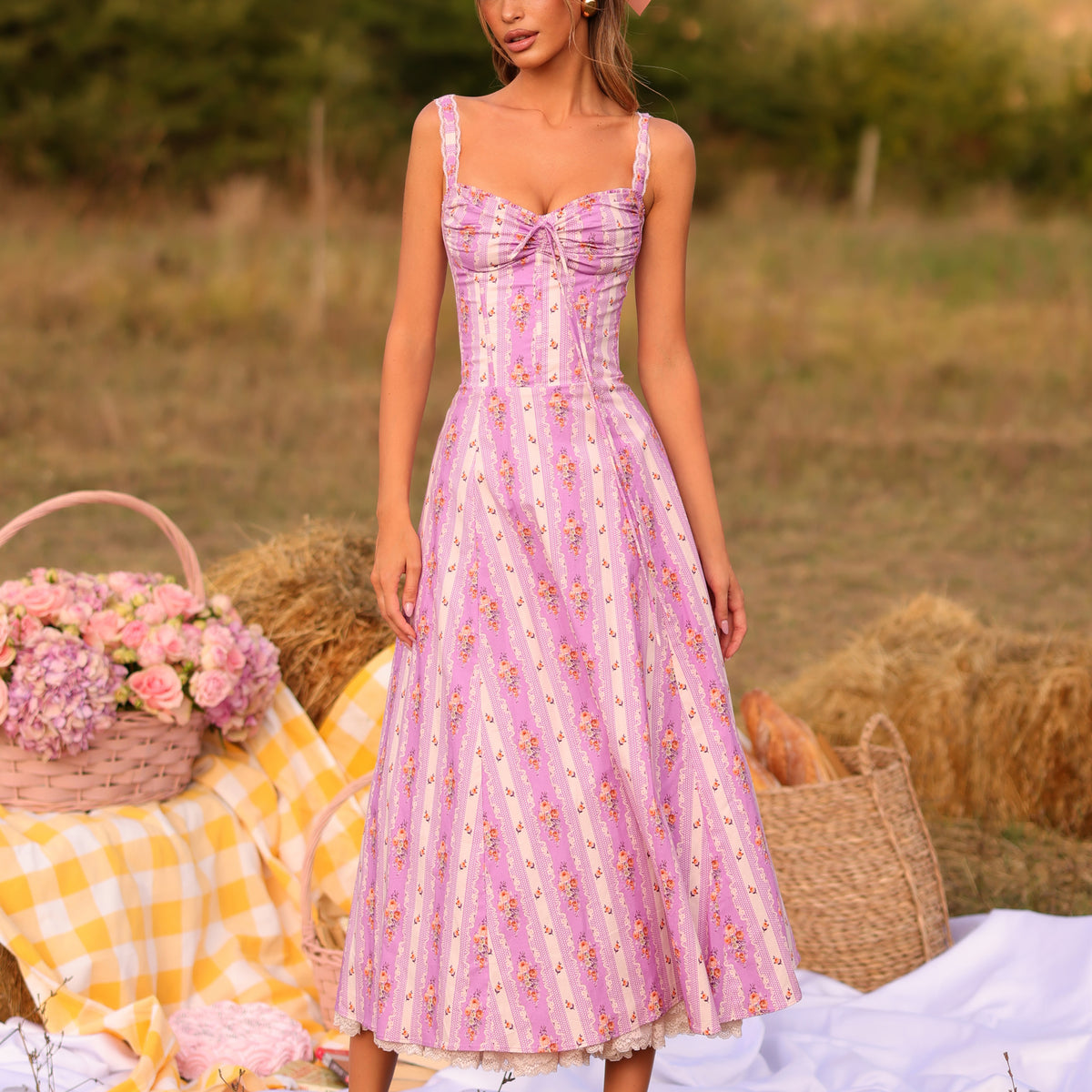 Floral Corset Midi Dress in Lilac With Flared Skirt | Oh Pretty