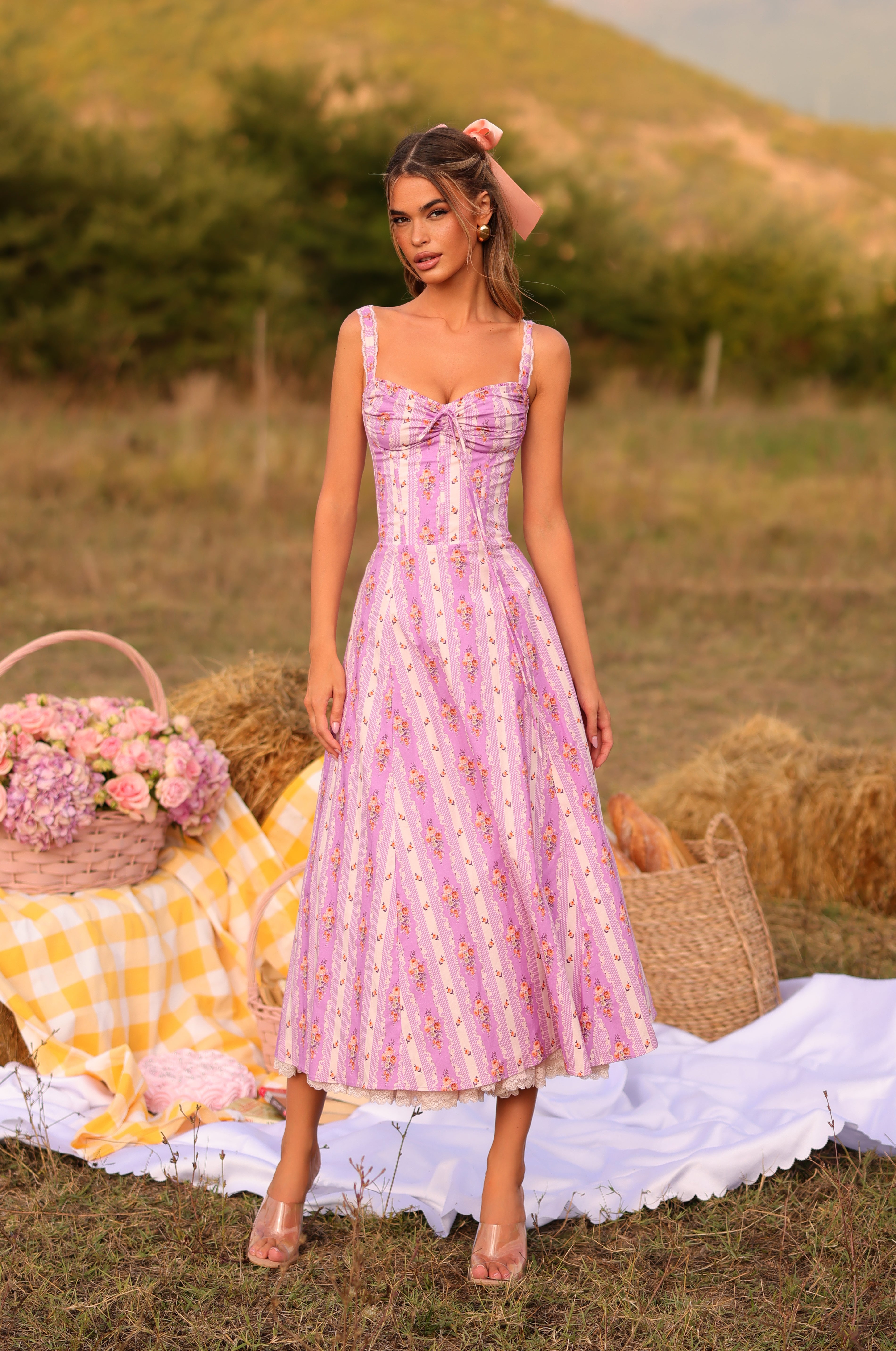 Celine Lilac Charm – Striped Floral Midi Dress