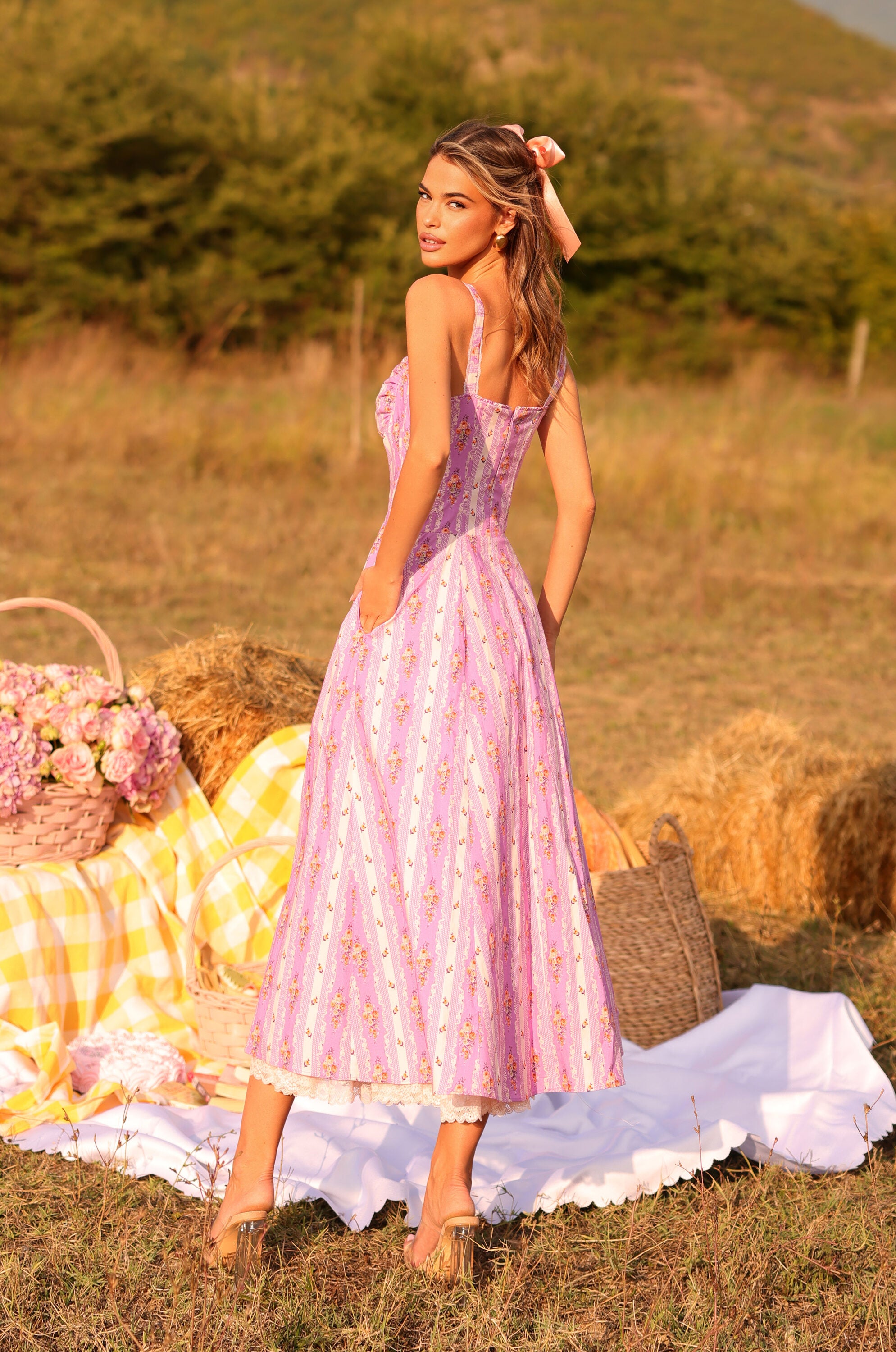 Lavender Lilac floral corset midi dress with straps 
