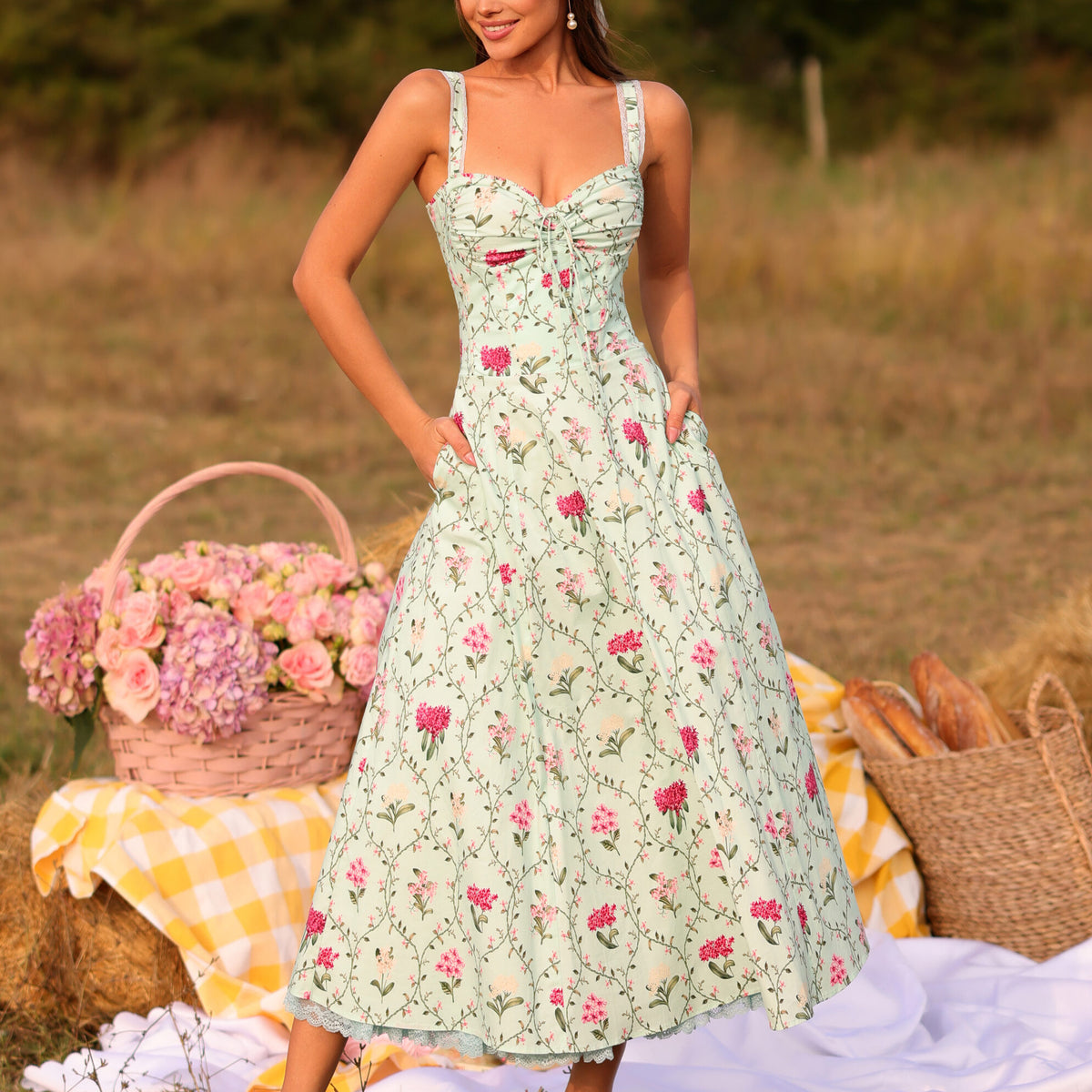 Corset Midi Dress in Mint Green Floral Print