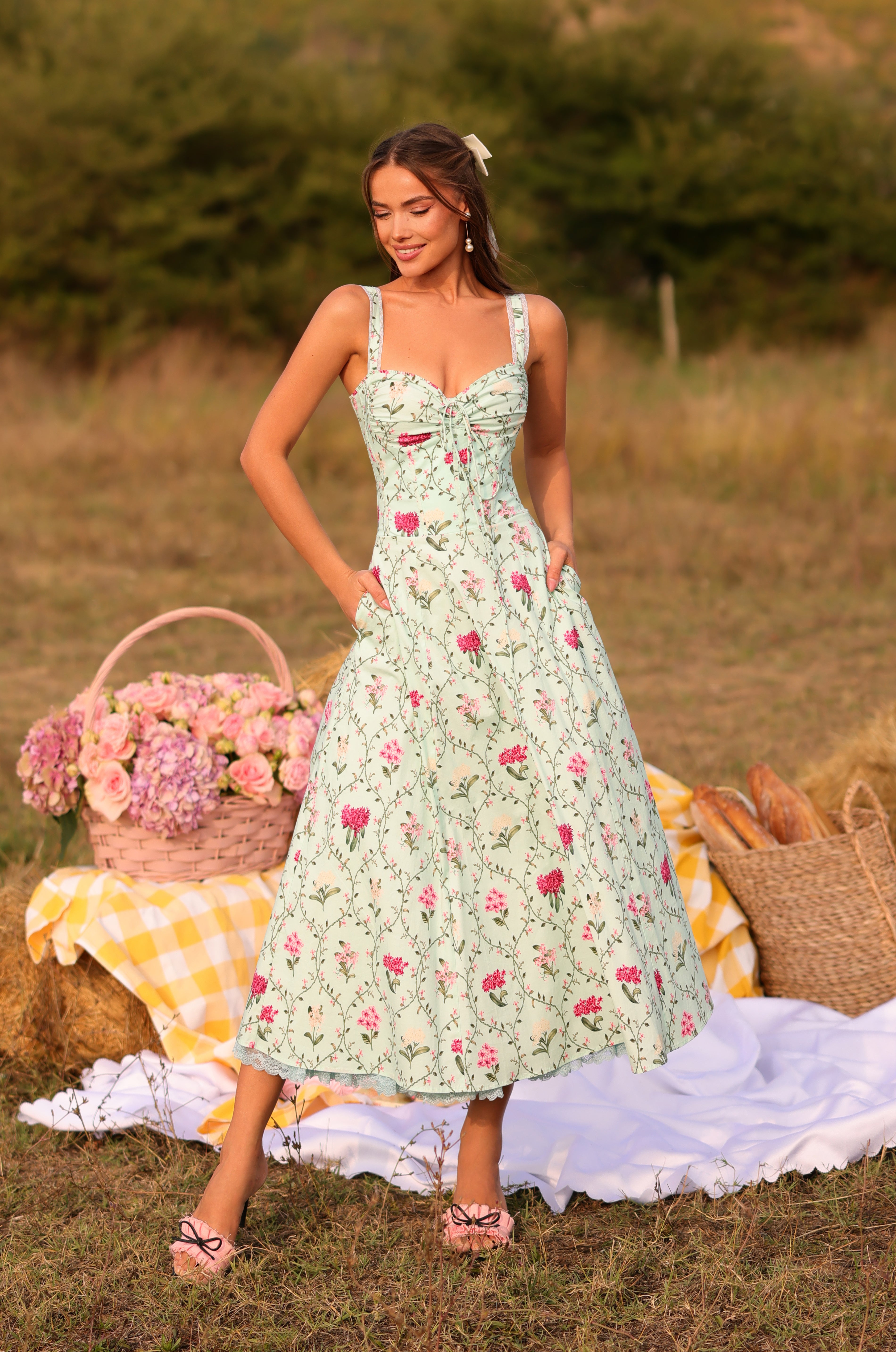 Mint green floral corset midi dress with straps 