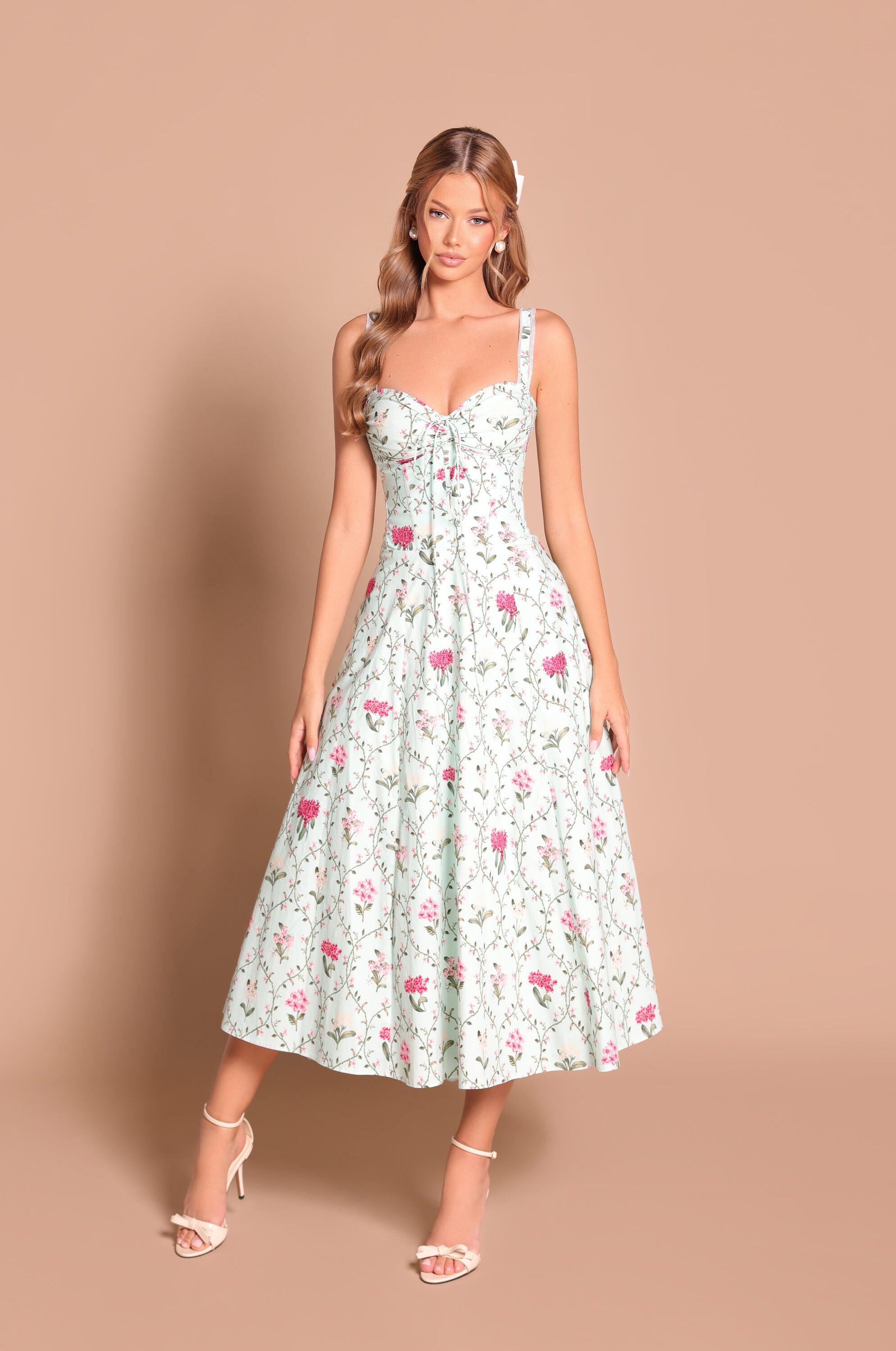 Mint green floral corset midi dress with straps 