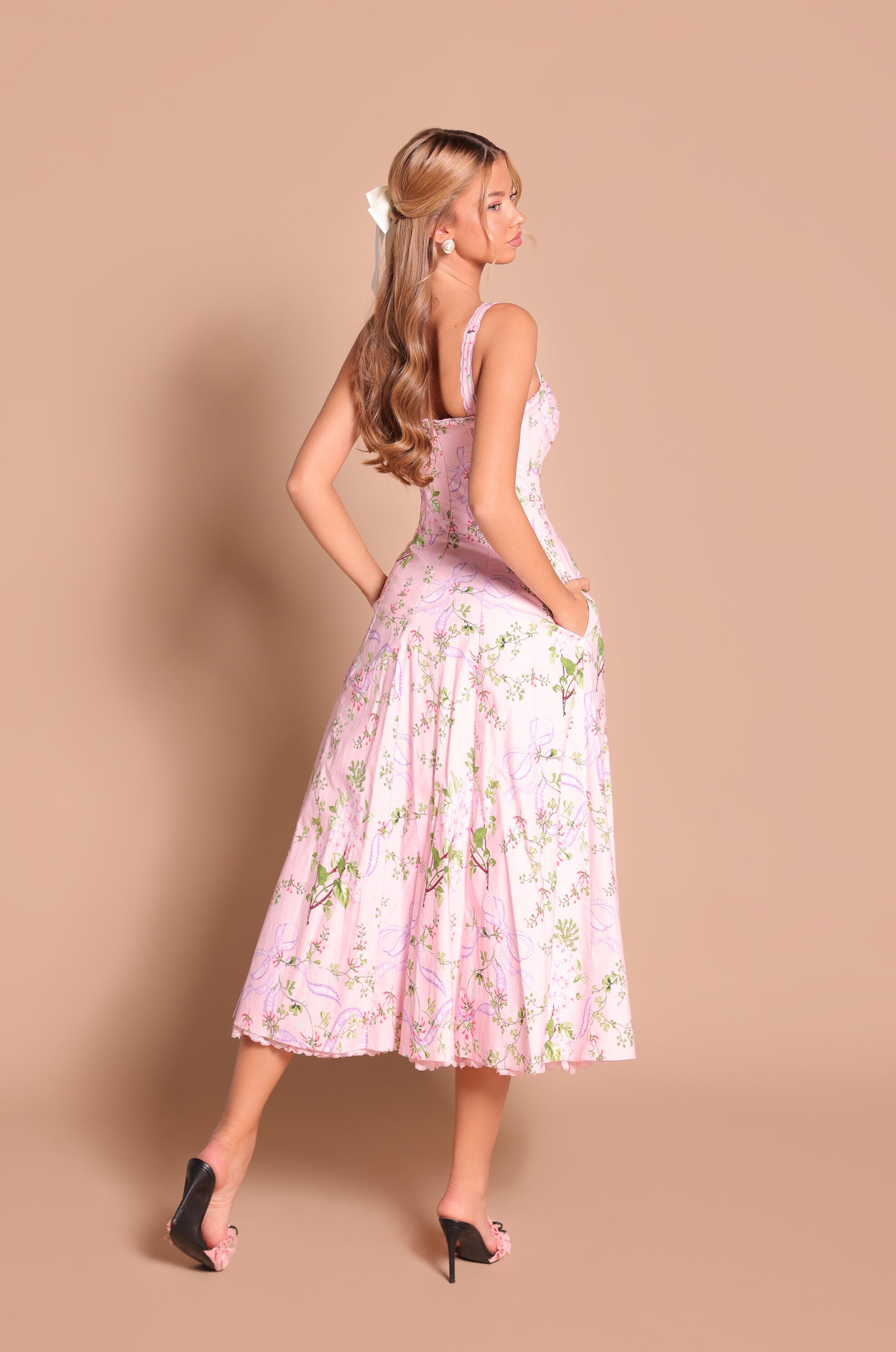 Pink floral corset midi dress with straps 