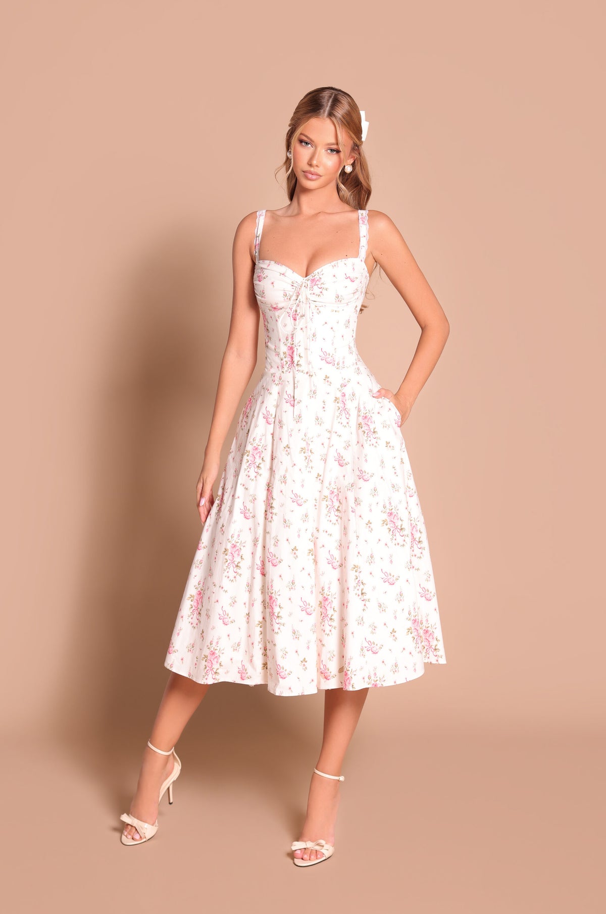 CELENIA Floral Corset Midi Dress in Ivory White