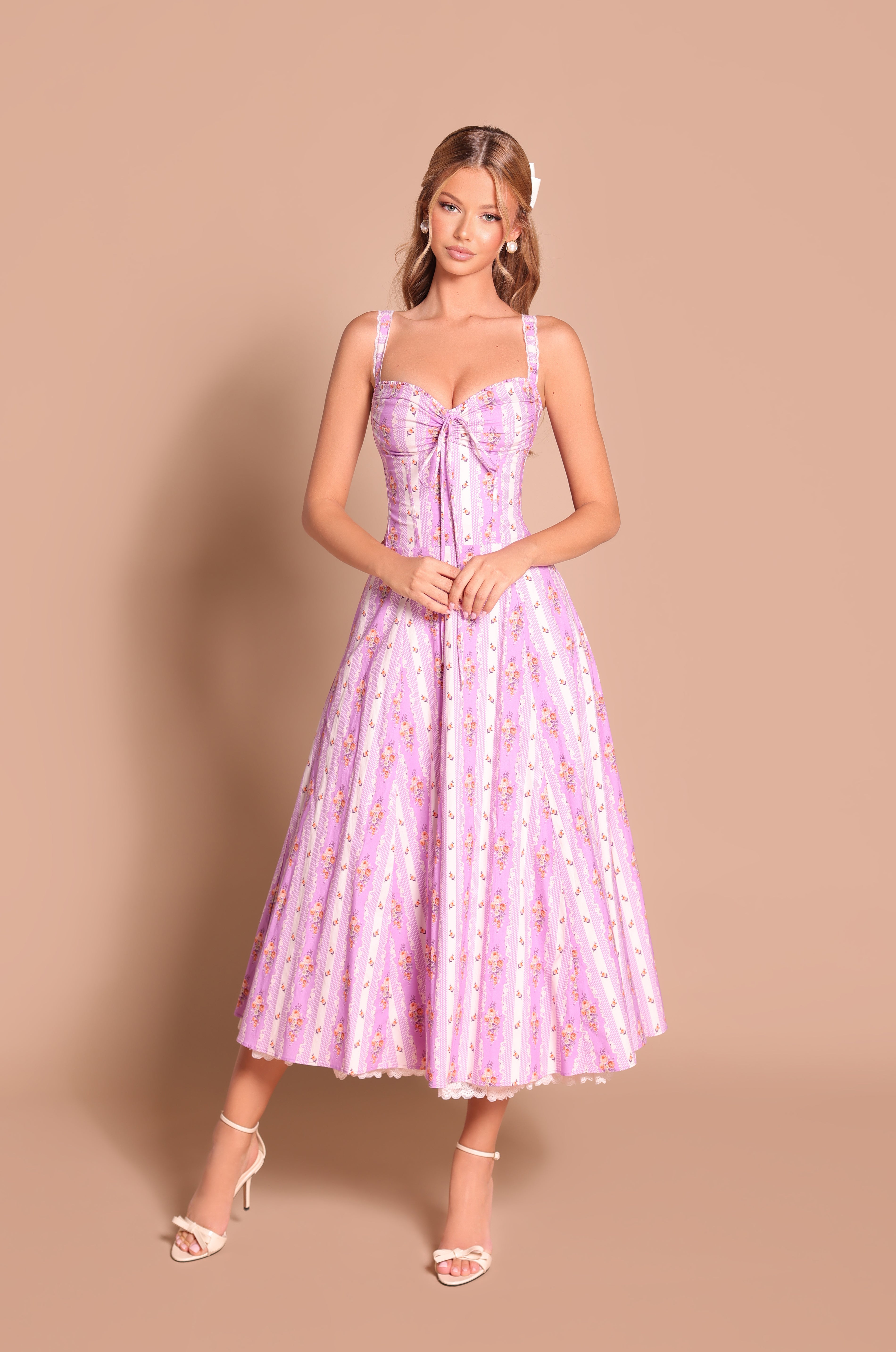 Lavender Lilac floral corset midi dress with straps 