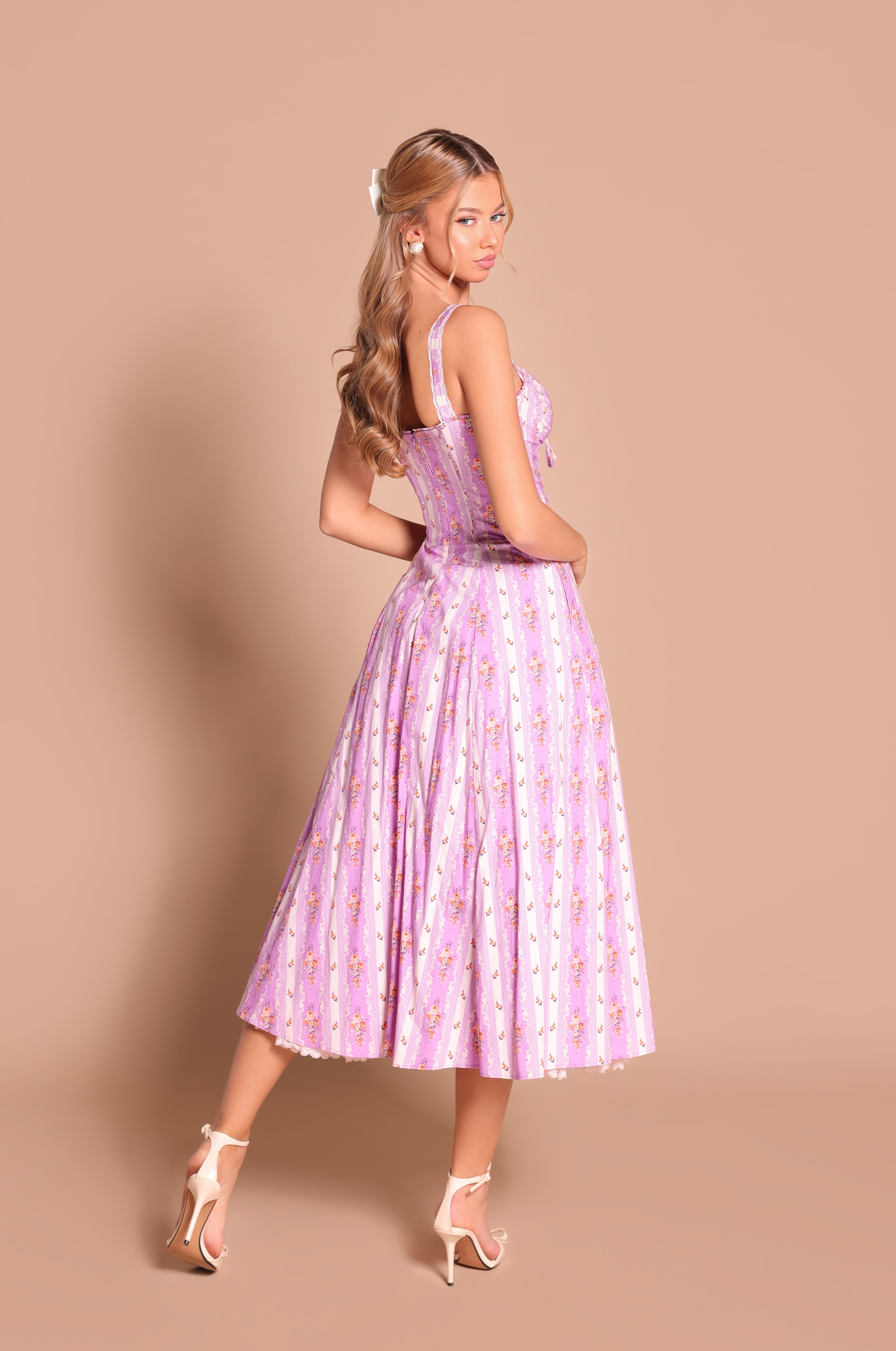 Lavender Lilac floral corset midi dress with straps 