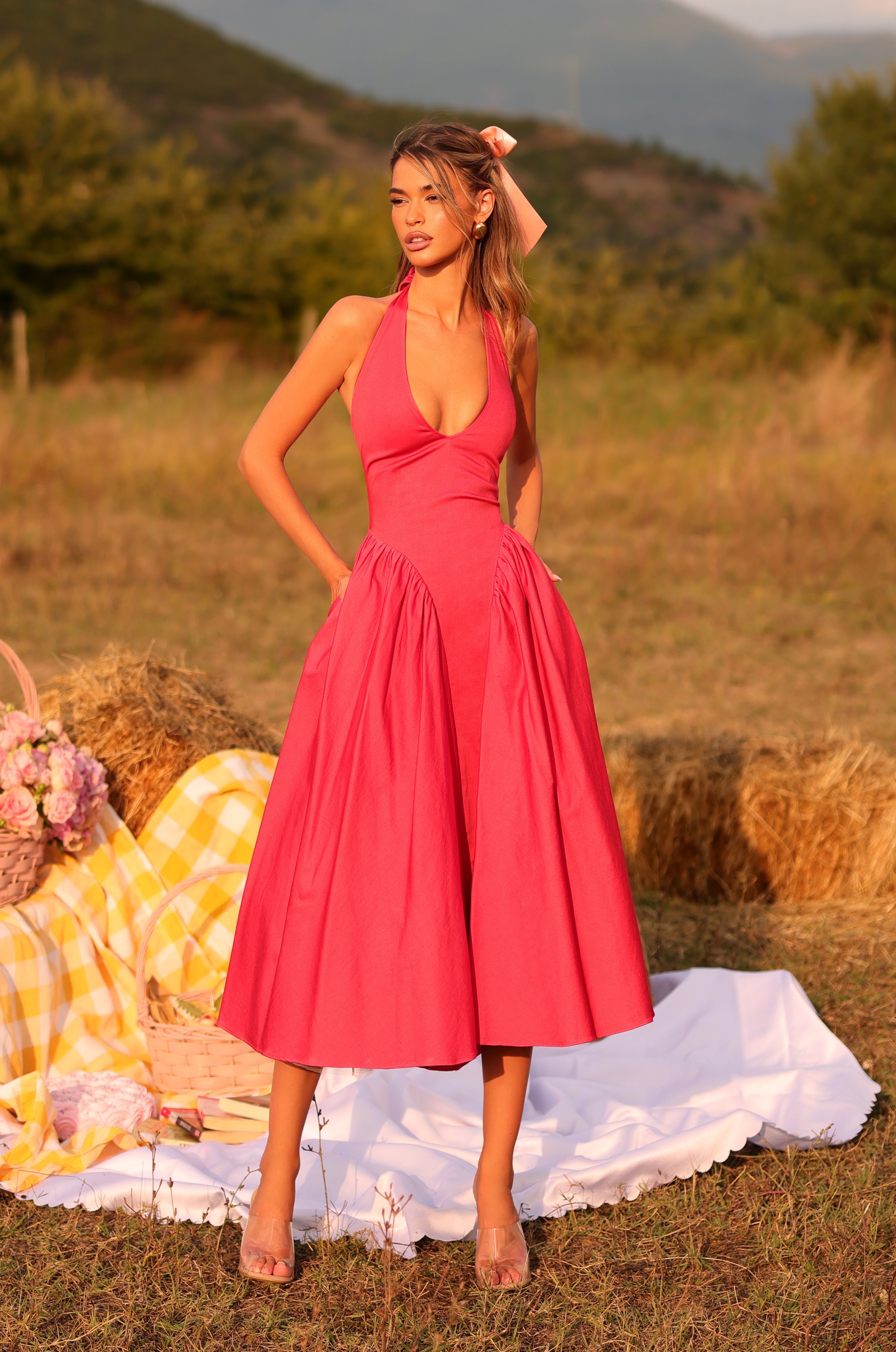 Winterberry Red halter midi dress with fitted waist 