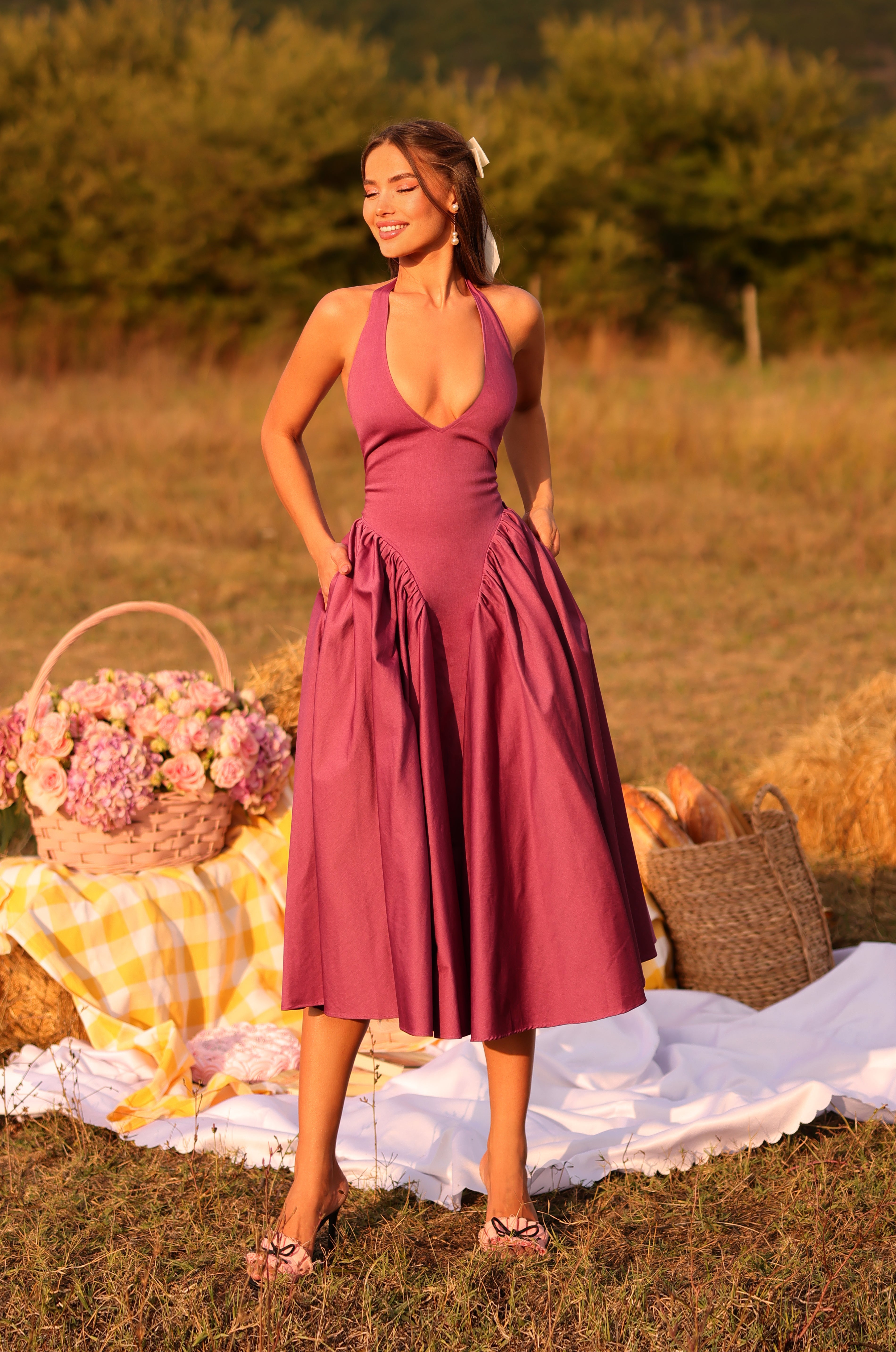Vintage Rose Purple halter midi dress with fitted waist 