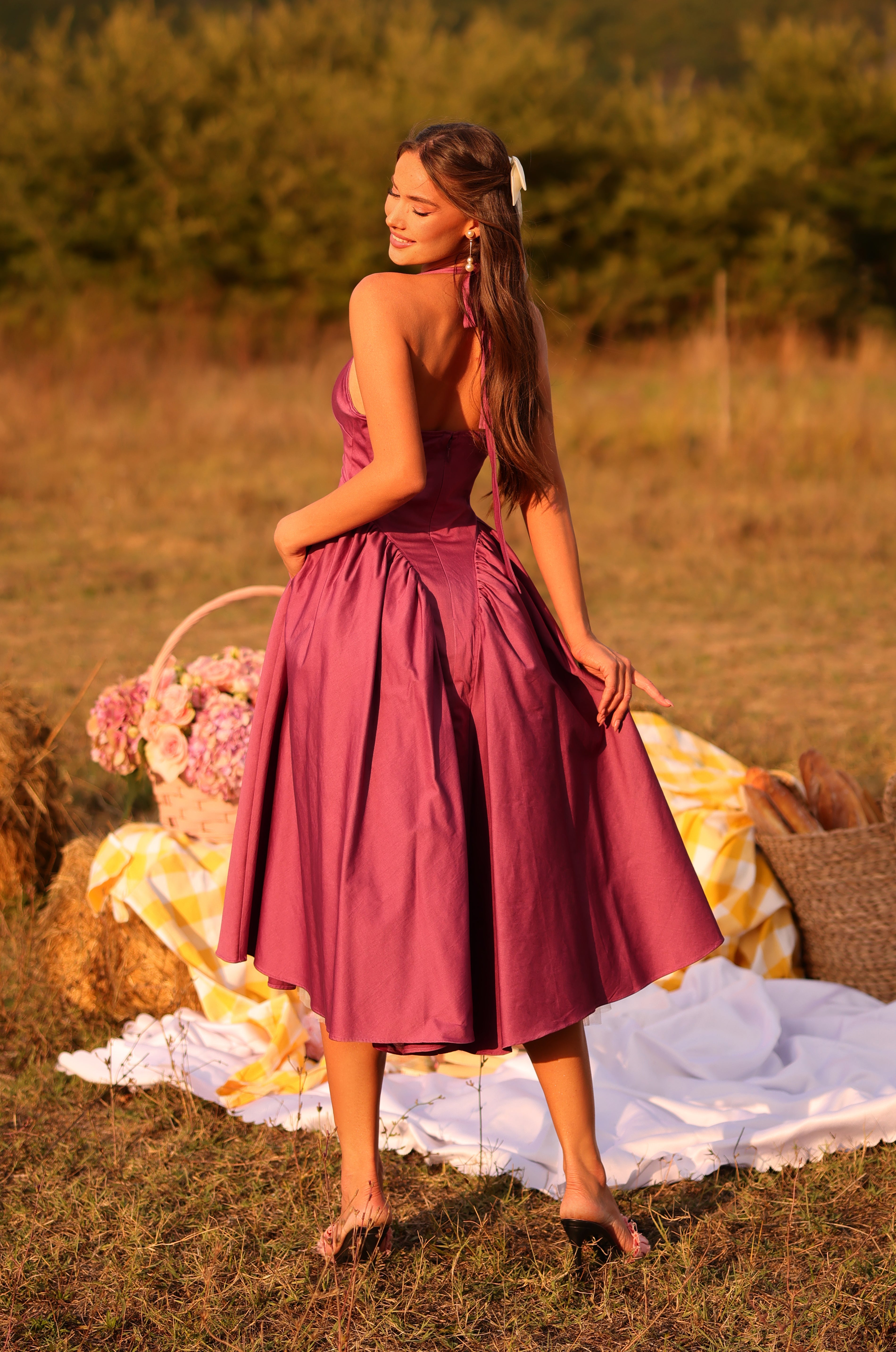 Vintage Rose Purple halter midi dress with fitted waist 