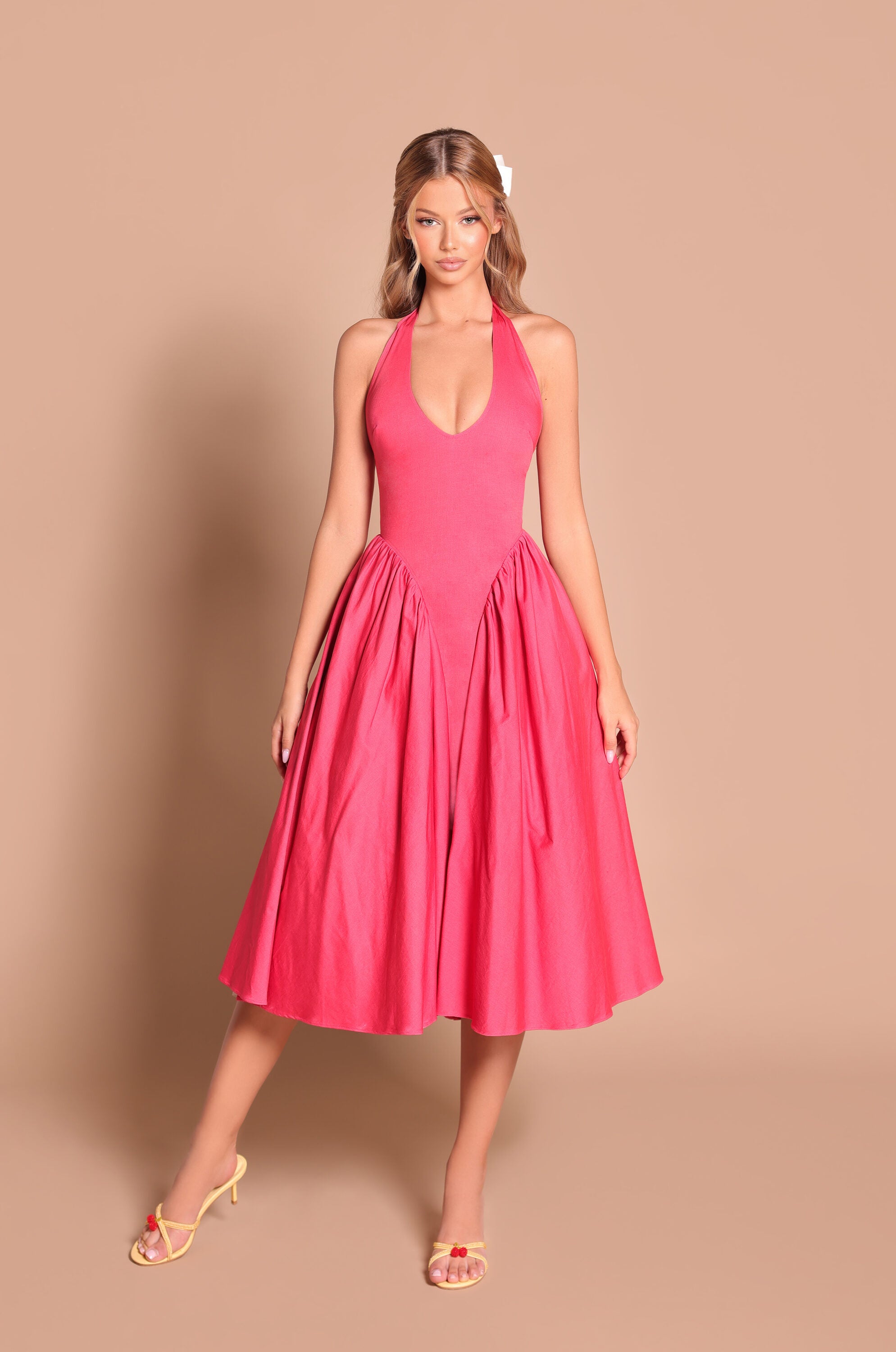 Winterberry Red halter midi dress with fitted waist 