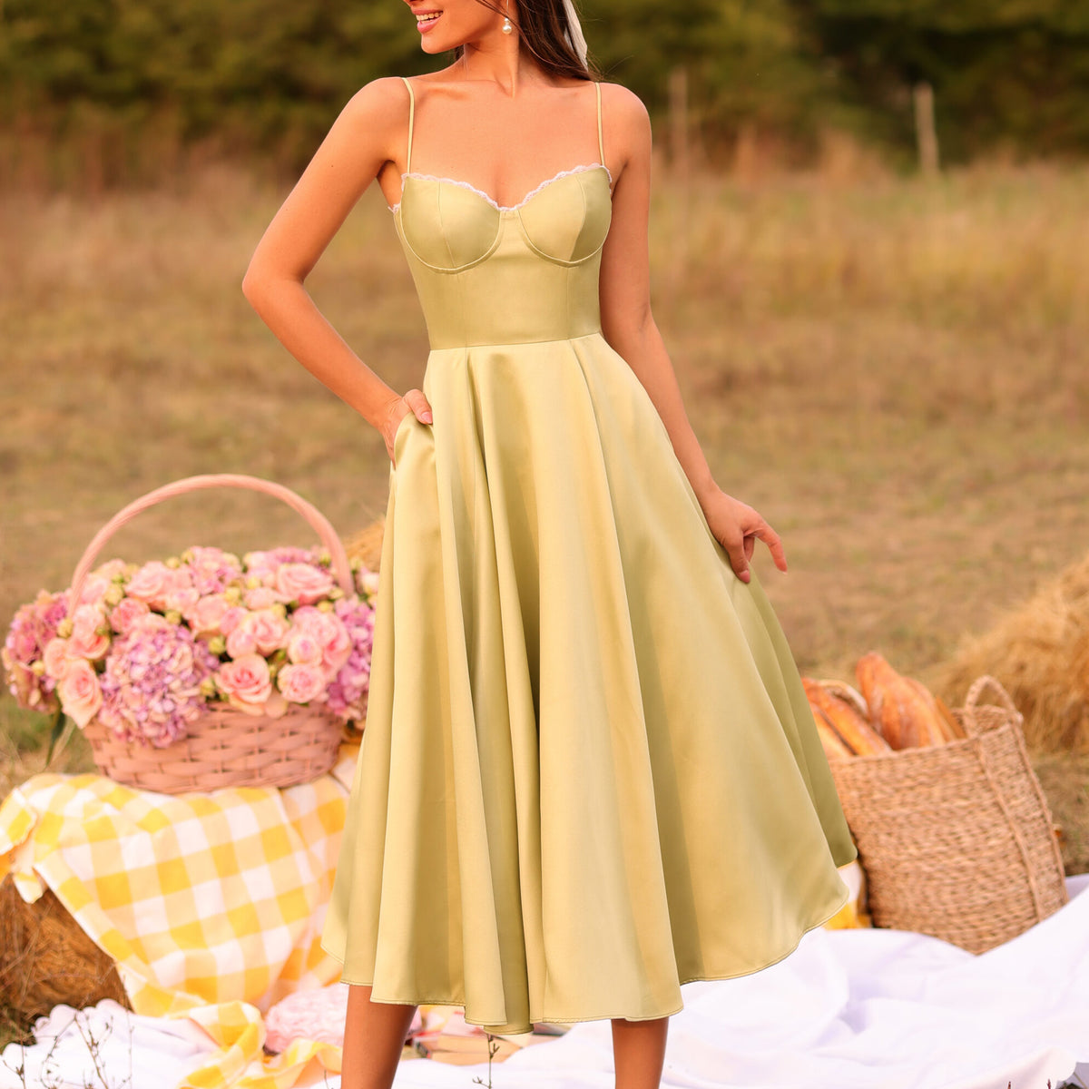 Olive Green Corset Midi Dress With Flared Skirt