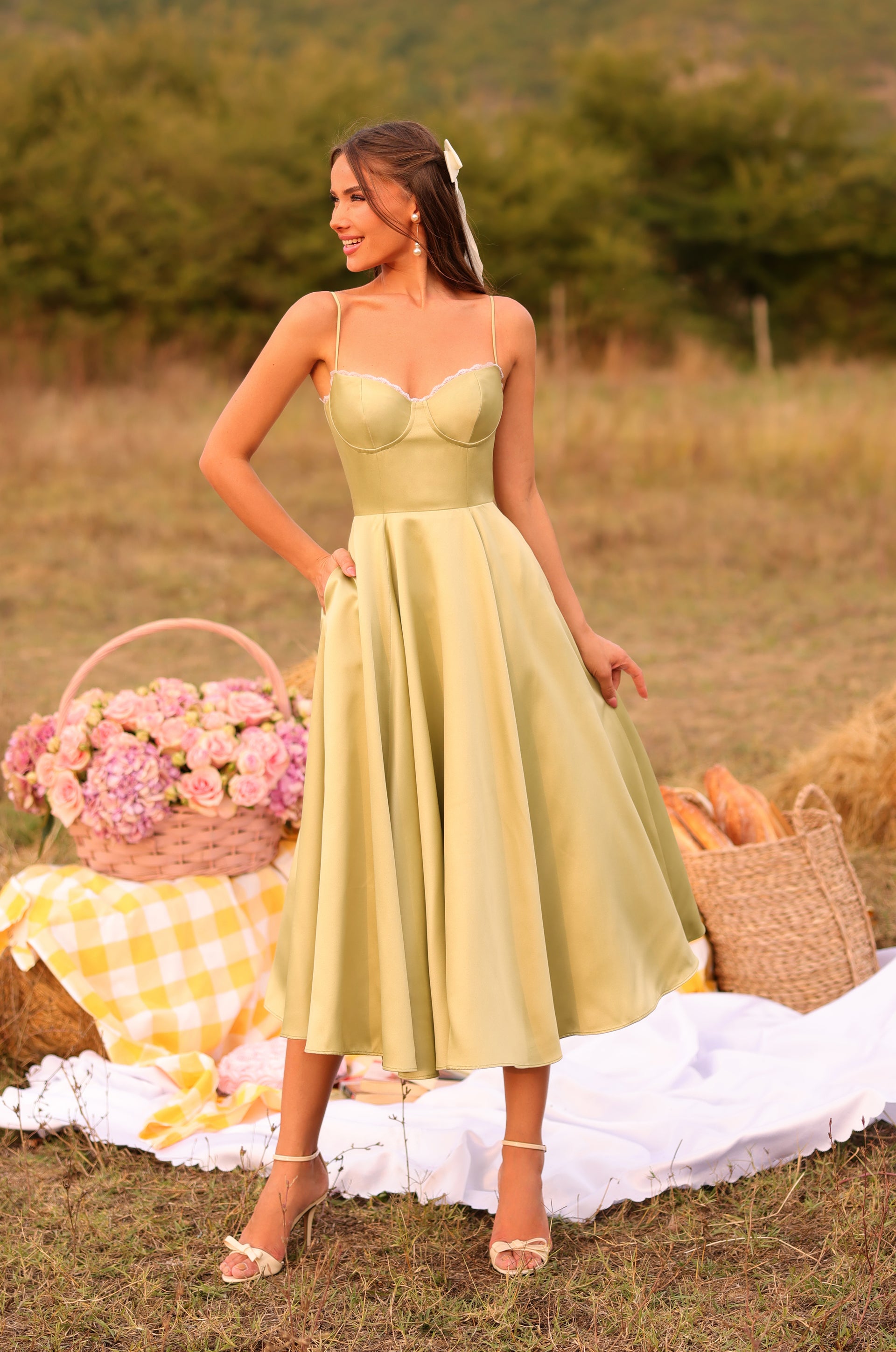 white christmas dresses Buy Olive Green Corset Midi Dress with Flared Skirt