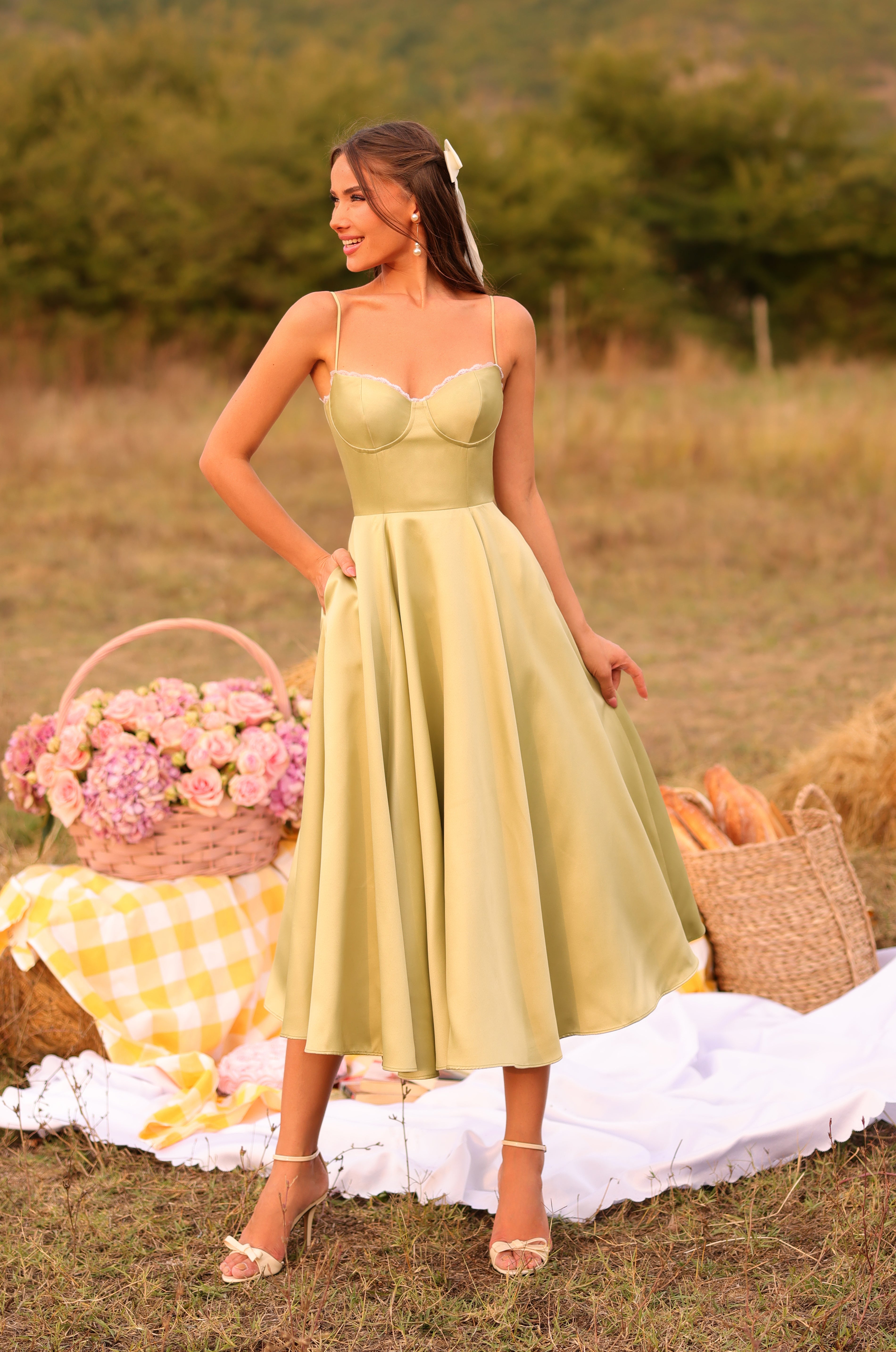 Olive green satin midi dress with thin straps 