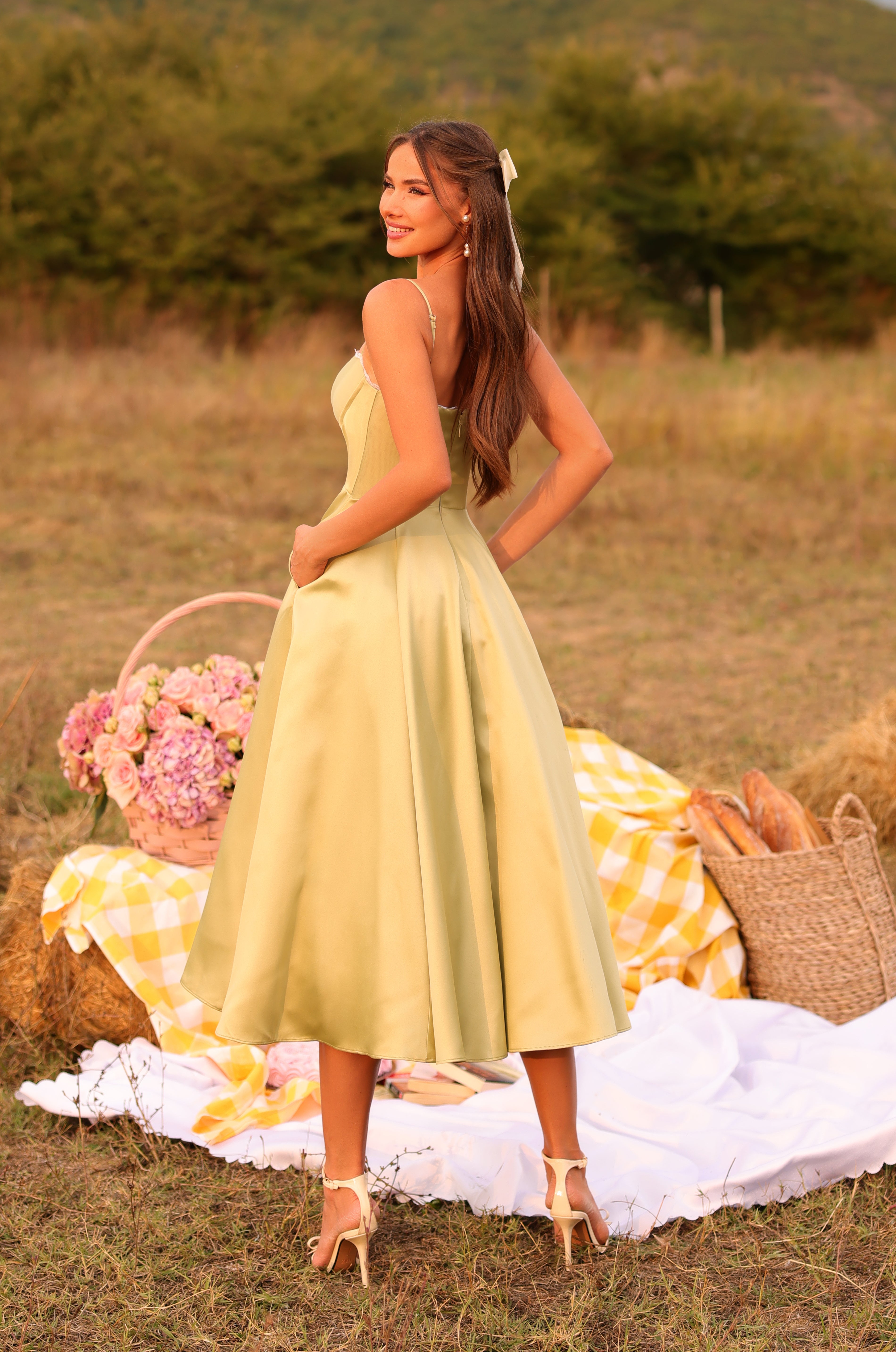 Olive green satin midi dress with thin straps 