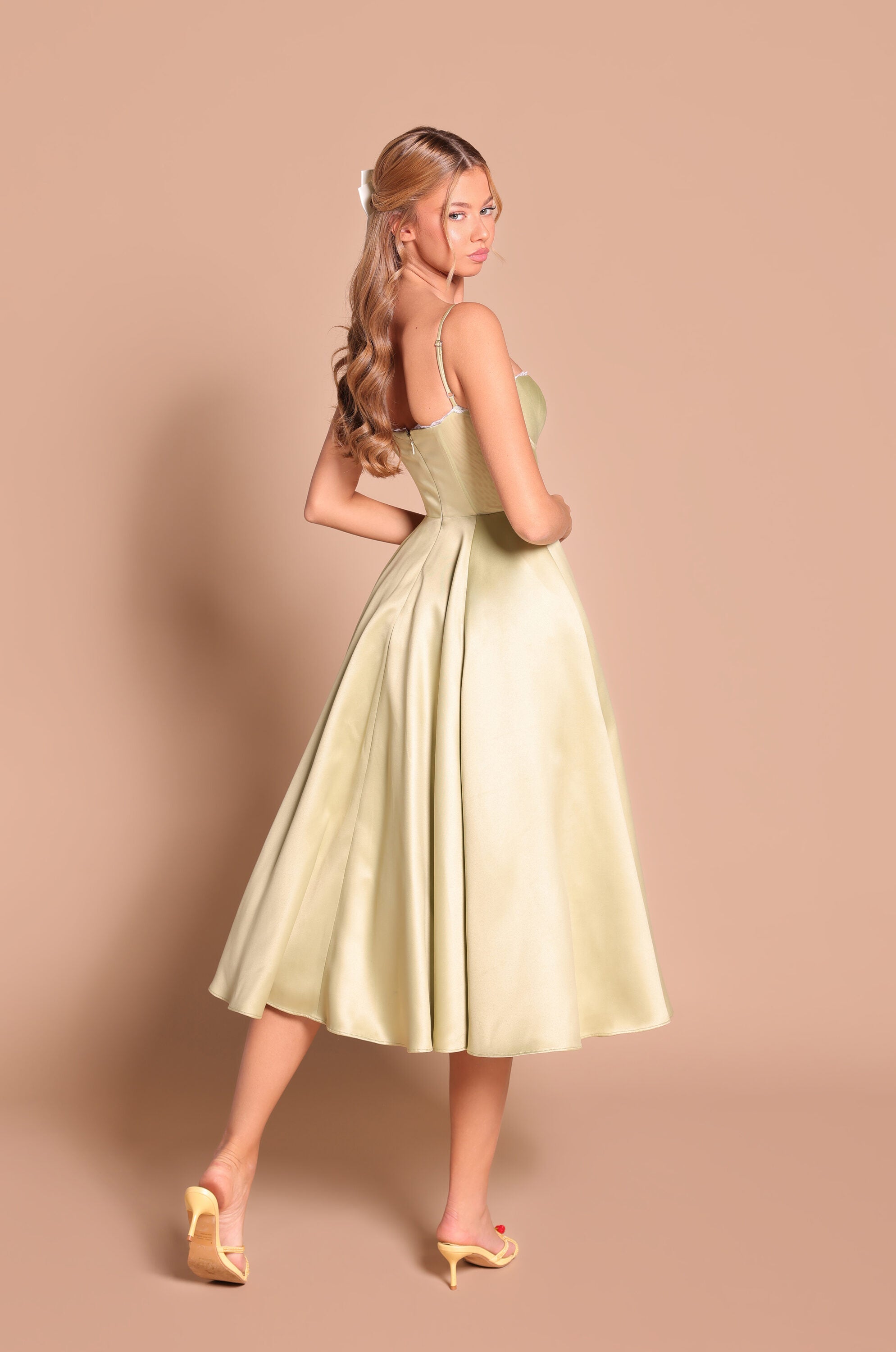 Olive green satin midi dress with thin straps 
