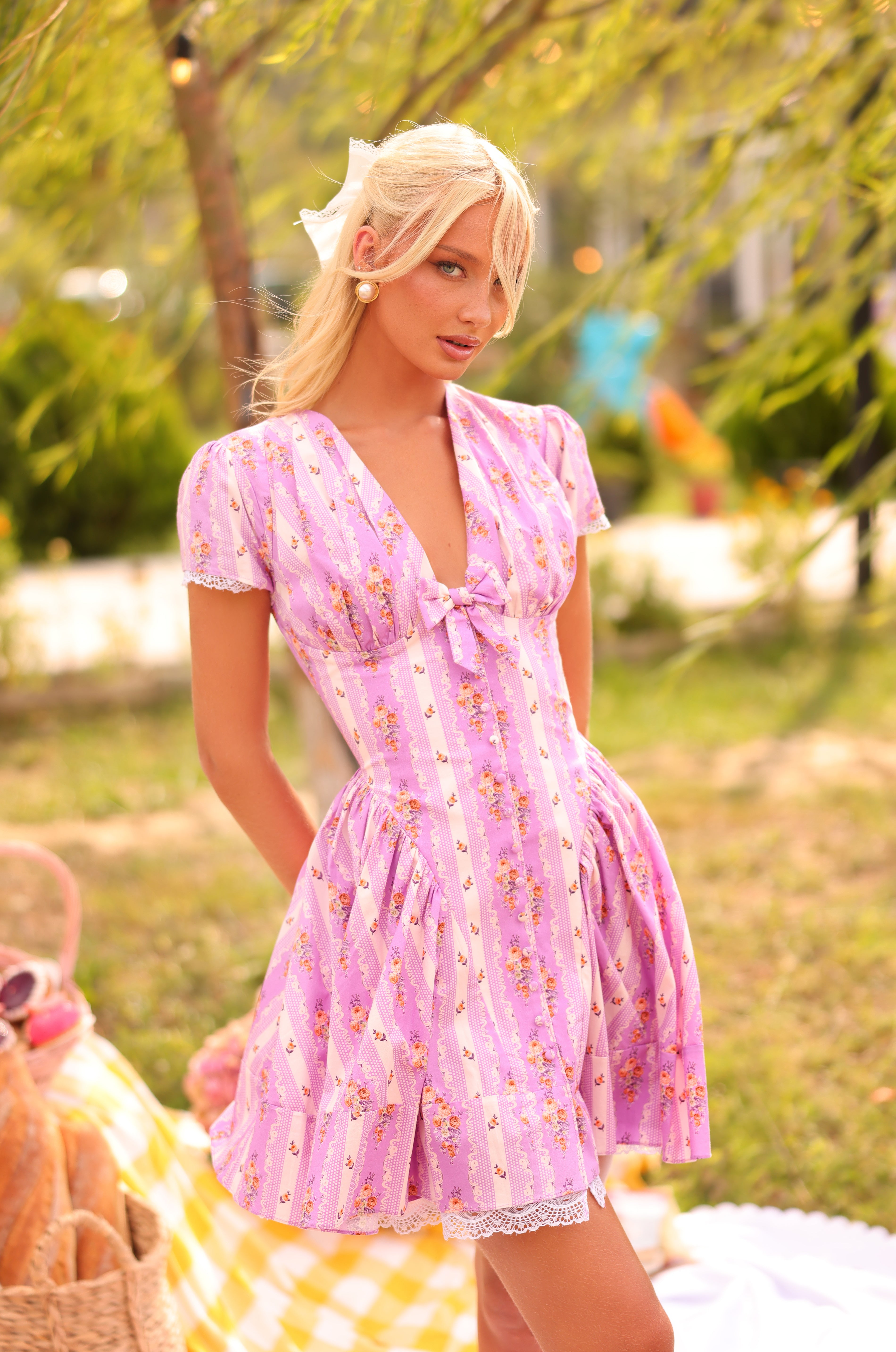 Lavender Lilac floral short-sleeve mini dress with bow front 