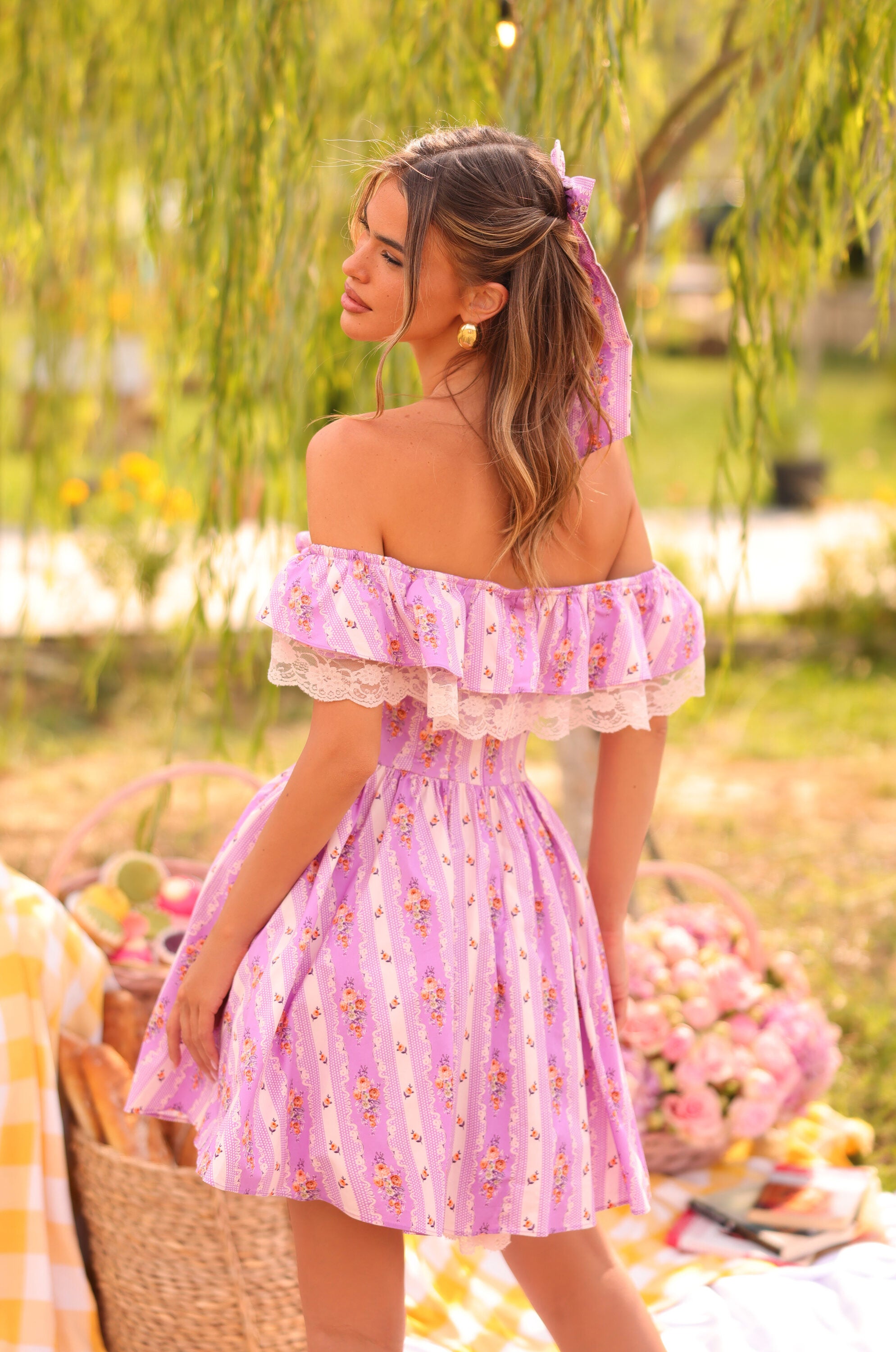Lavender Lilac floral off-shoulder ruffle mini dress with bow front 