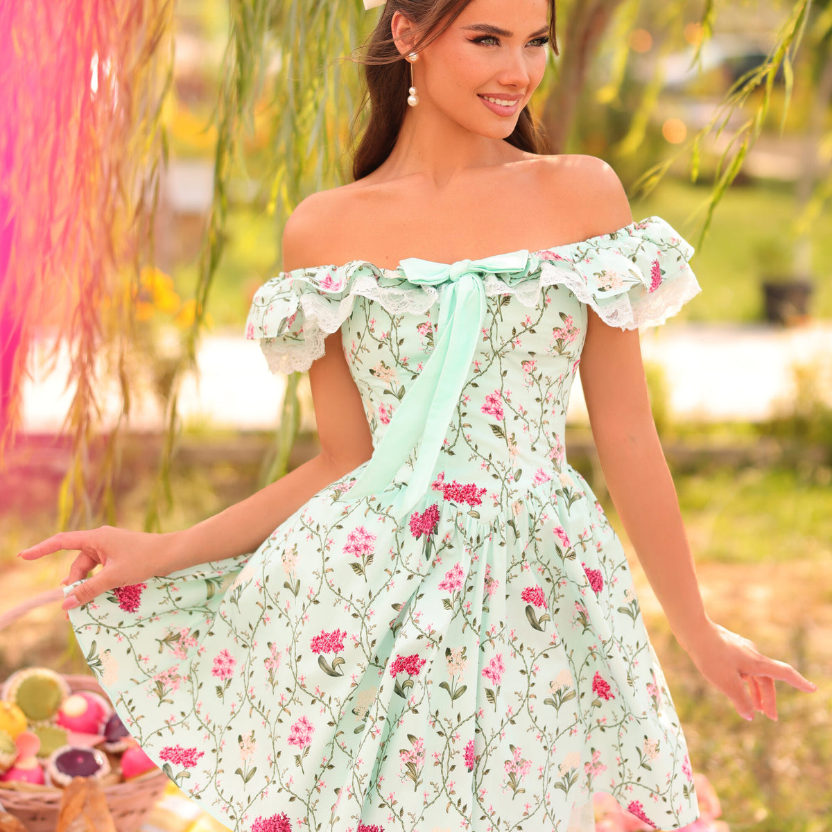 off shoulder floral dress Baltic Born Womens Allegra Maxi | Lavender sweeping skirt Abby Off-Shoulder Tie-Up Back Dress