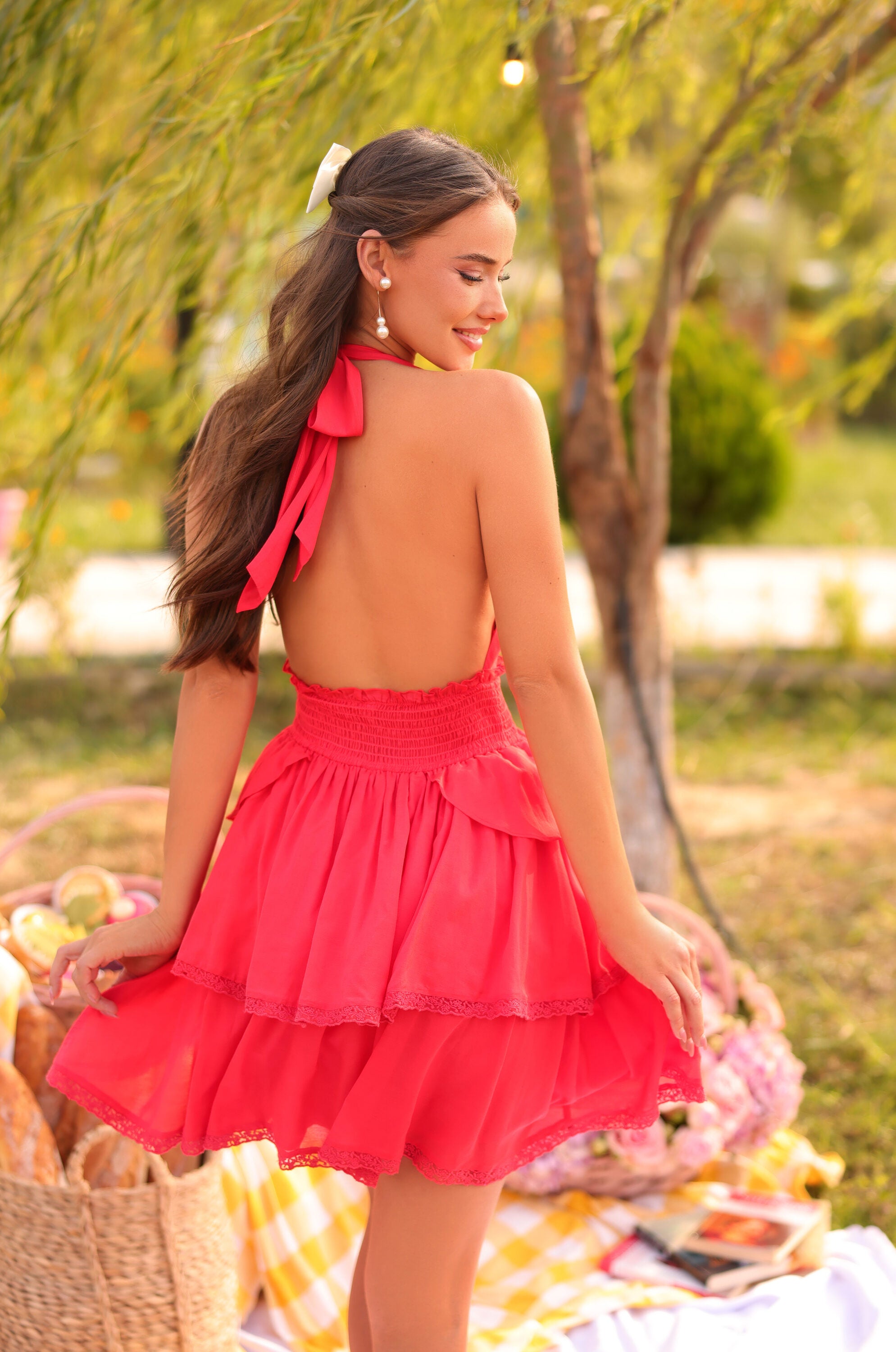 Poppy red tiered lace halter mini dress with tiered skirt 
