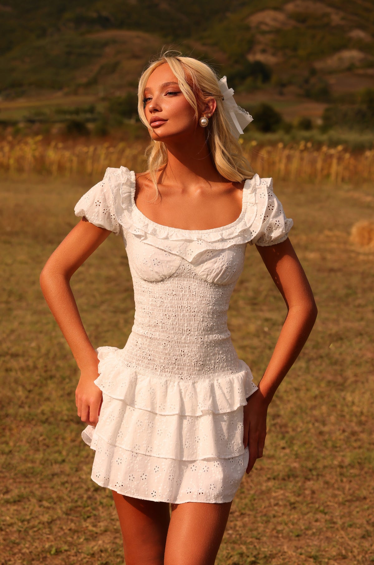 Mini Dress in Ivory White With Eyelet Embroidery