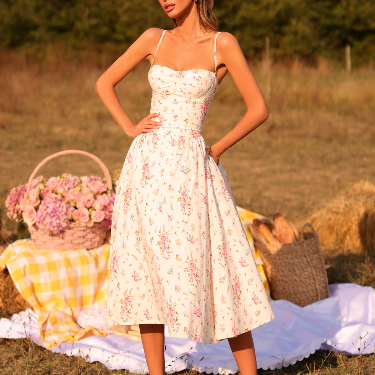 Cream White Floral Midi Dress With Corset Bodice