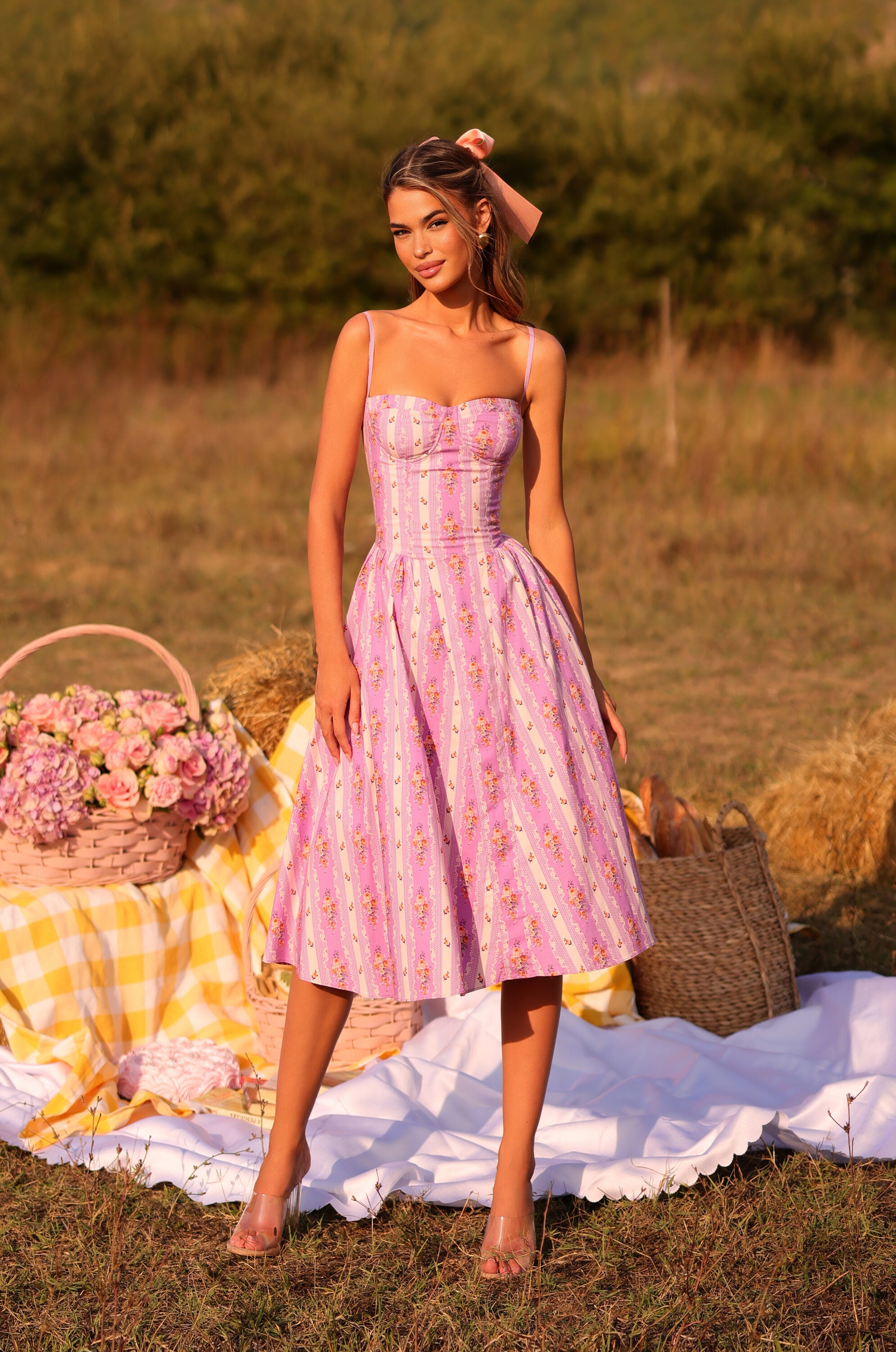 Lavender Lilac floral corset midi dress with spaghetti straps 